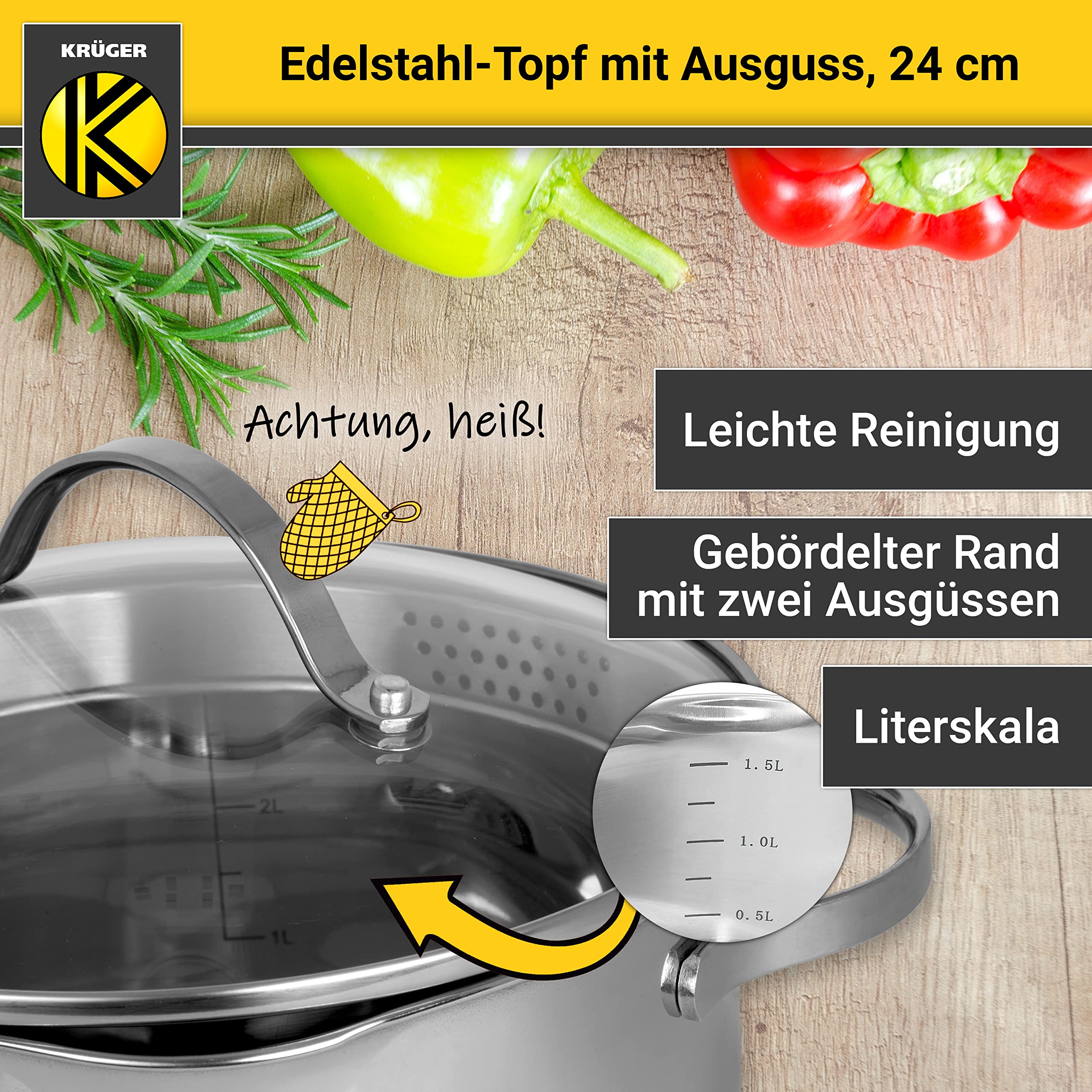Krüger Edelstahl Kochtopf Ø 24 cm (5,0 L) | Mit Ausguss & Literskala