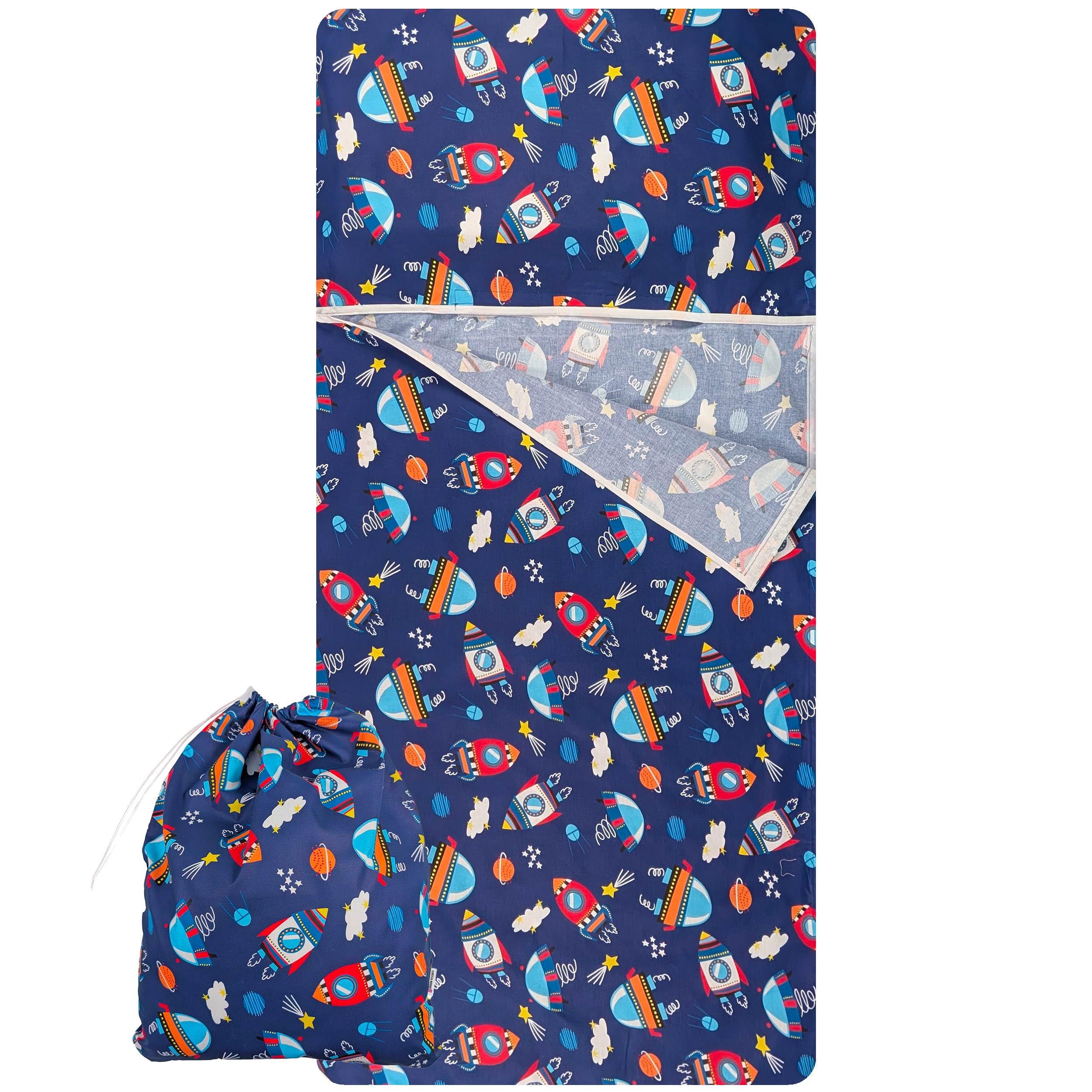 Set Asilo, Sacco nanna estivo e sacchetto per Bimbo e Bimba da 2 a 6 Anni - Tessuto 100% Cotone - Made in Italy (Set Asilo Astronavi)