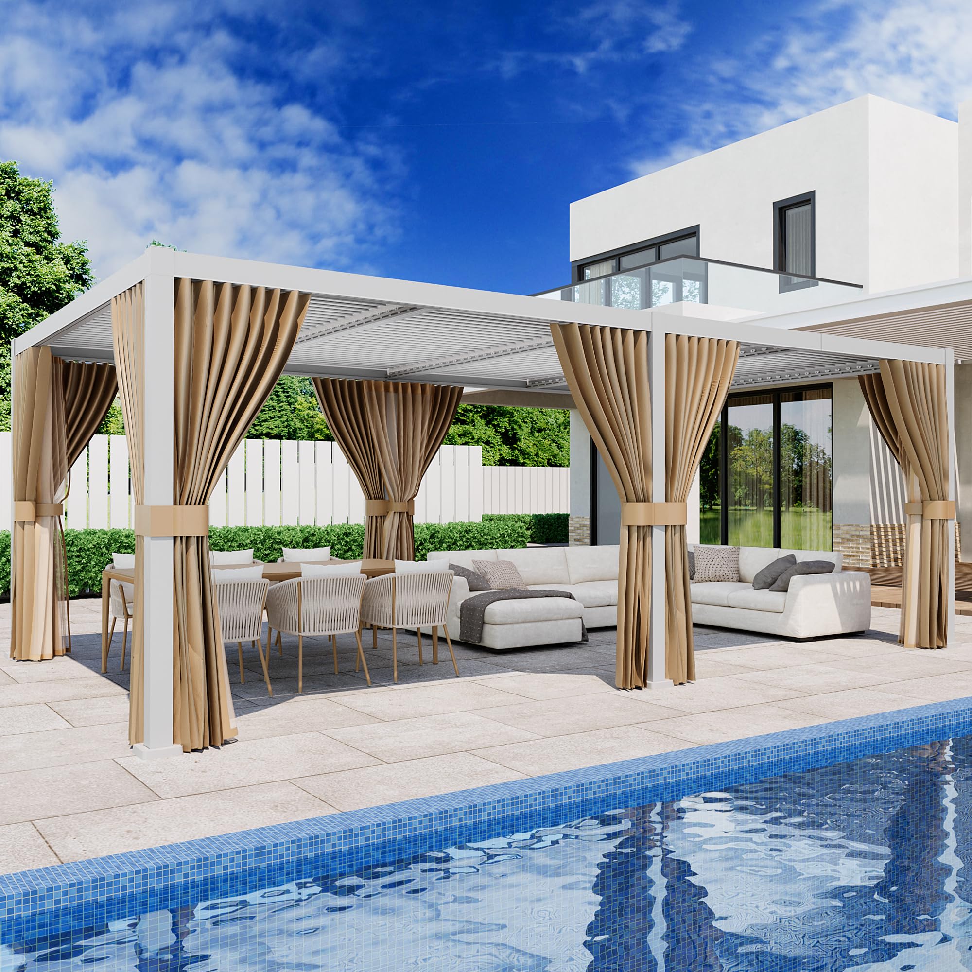 SUNBURY 10X 20FT Louvered Pergola, Outdoor Pergola, Aluminum with 4 Adjustable Roof, Netting & Privacy Curtains, Metal Roof Pergolas, Shade Cover for Patio, Backyard, Lawn, Garden, Deck (White)