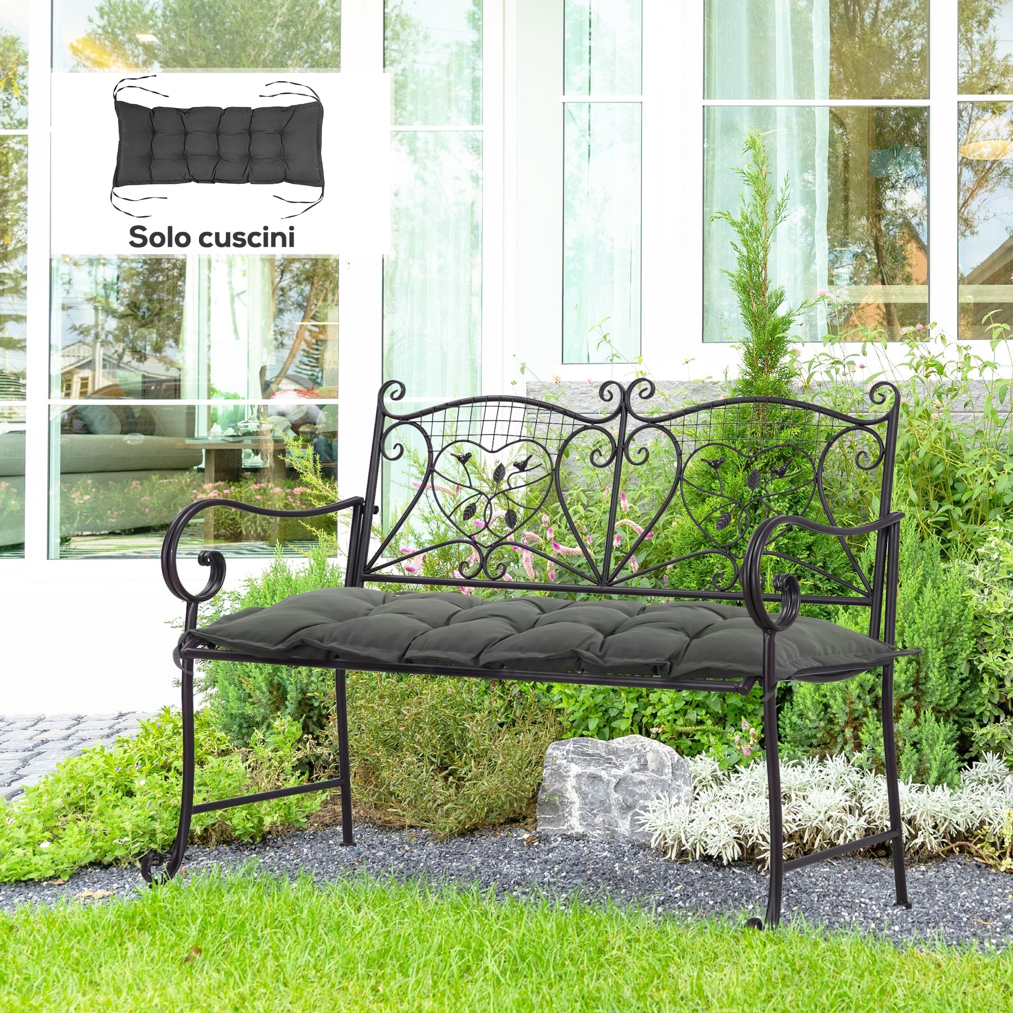 Outsunny Cuscino per Panchina da Giardino con Laccetti e Imbottitura Spessa, 100x40cm, Grigio Scuro