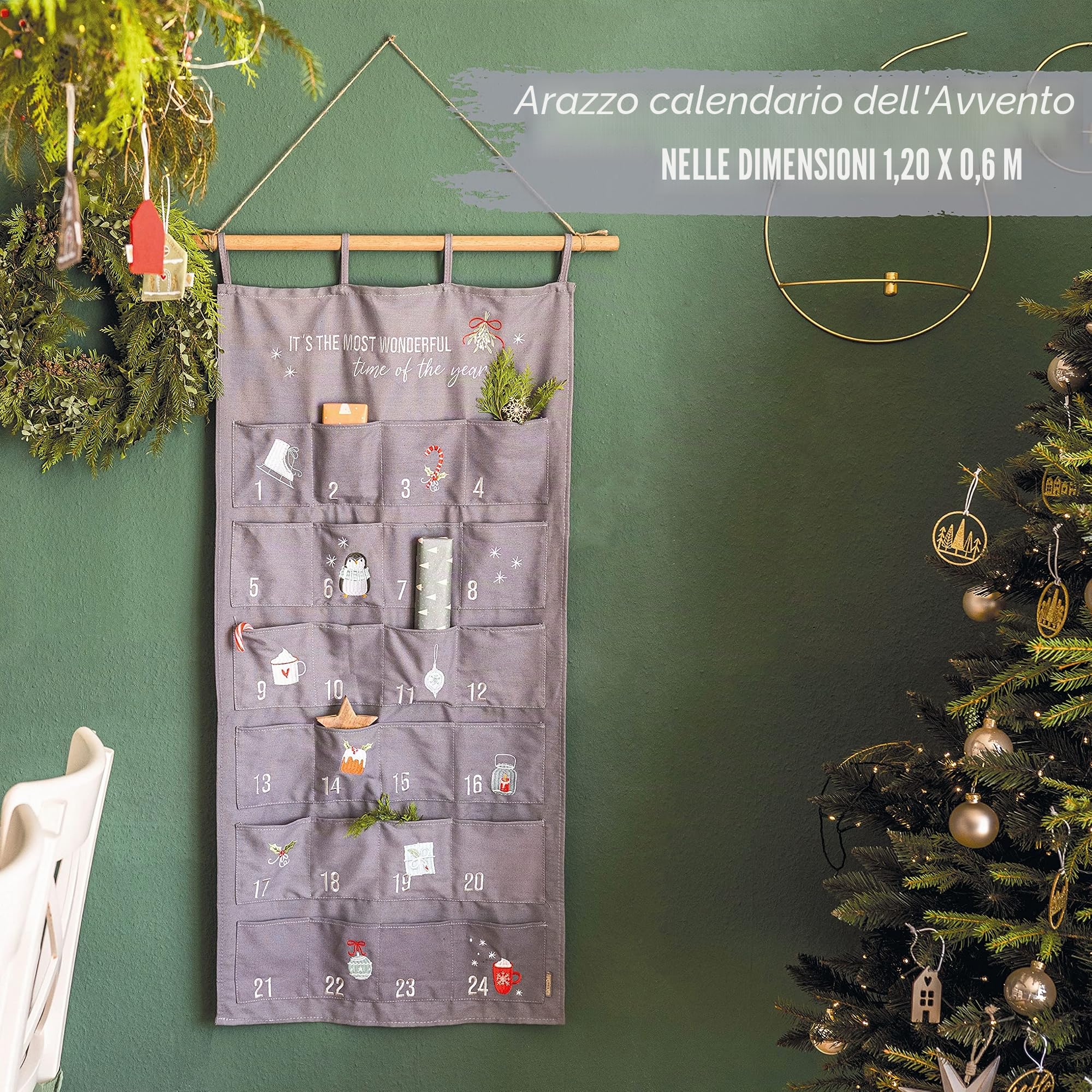 Papierdrachen - Calendario dell'Avvento da riempire in tessuto ricamato, con sacchetti, riutilizzabile, colore: blu/grigio e argento, set n. 35