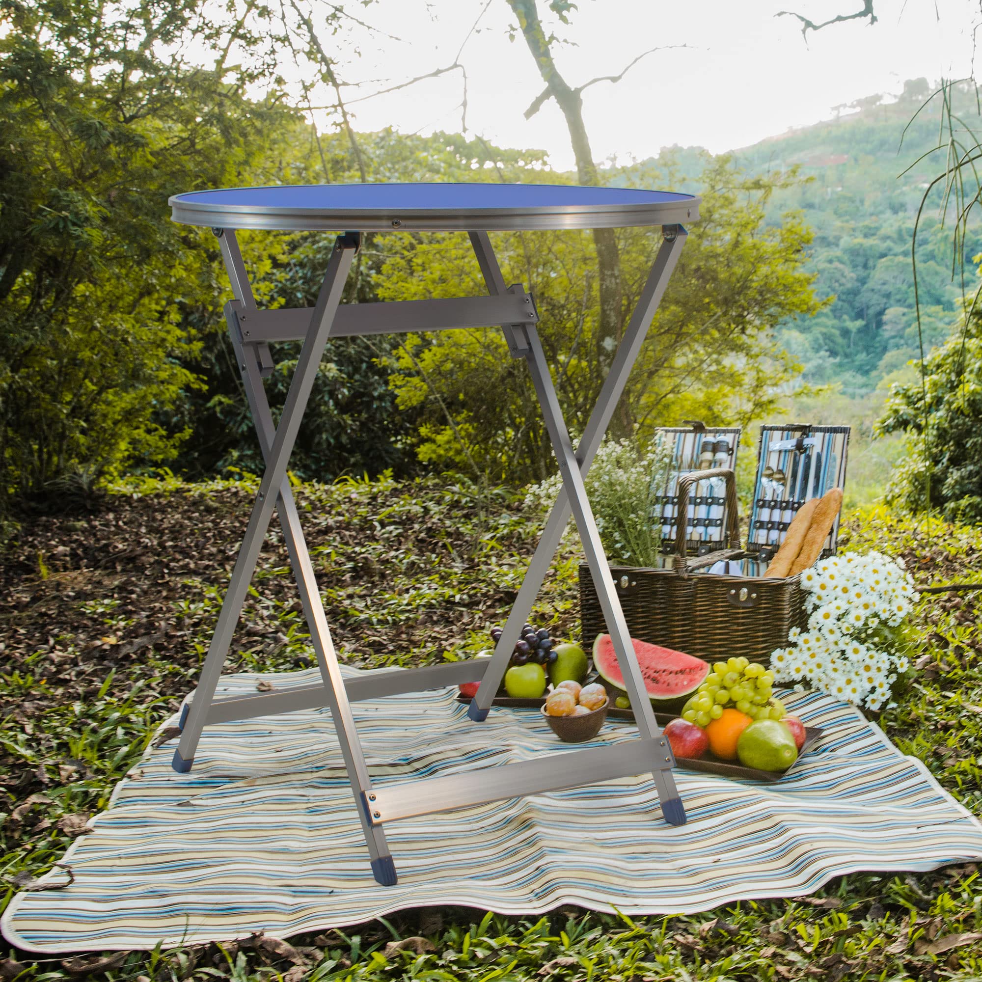 THE SECRET HOME Mesa Plegable Multifuncional Redonda de Madera Contrachapada y Aluminio D.60x70 cm Color Azul para Jardín, Terraza, Balcón o Picnic