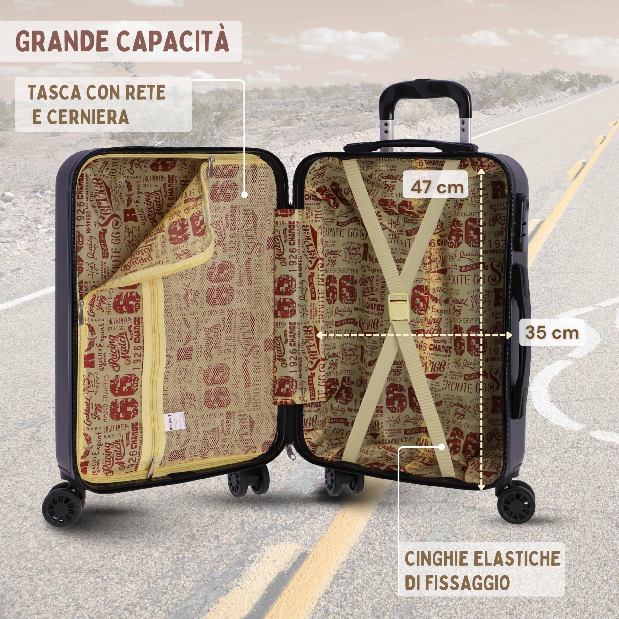 Route 66 Trolley Bagaglio a Mano 55x40x20 — Valigia Cabina Rigida con Ruote 360°, Serratura a Combinazione, Leggera e Resistente per Viaggi e Ogni Compagnia Aerea