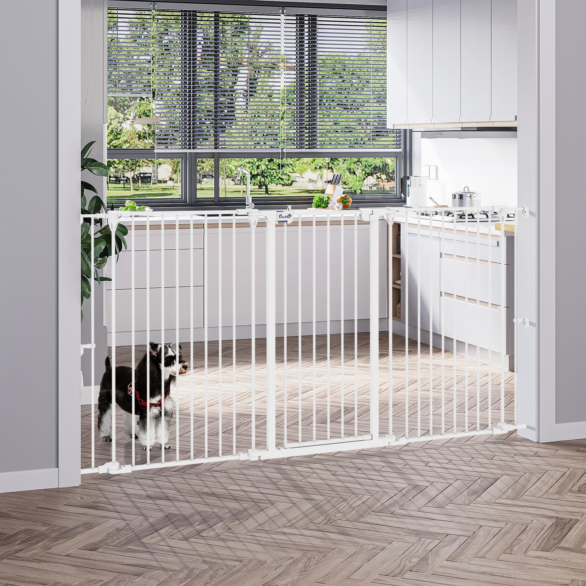PawHut Barrera para Perros de Acero 206x90 cm Valla para Mascotas Plegable de 3 Paneles con Doble Cerradura y Función de Bloqueo Auxiliar para Puerta Pasillo Escalera Blanco