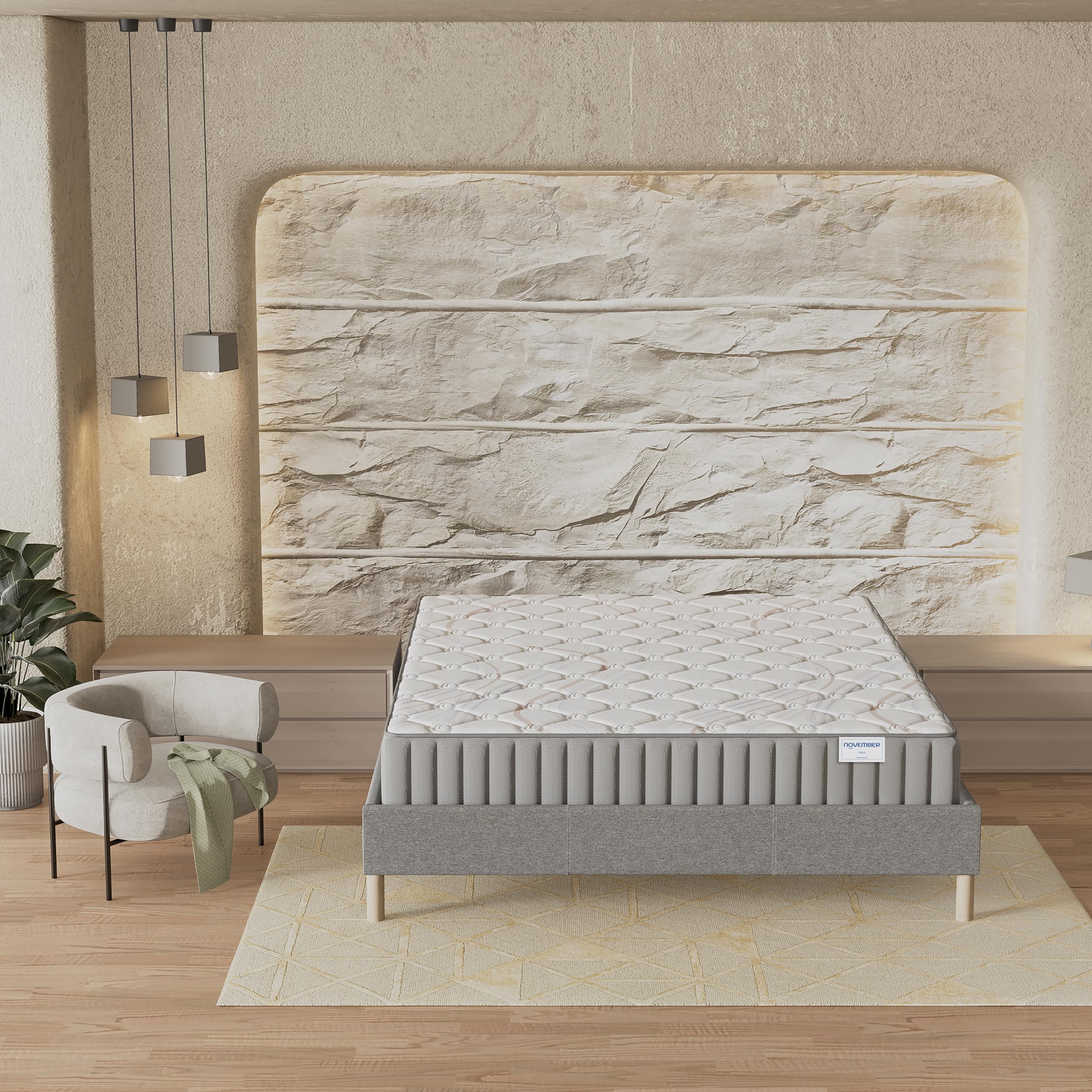 NOVEMBER- Ensemble Matelas + sommier (160 x 200cm) - Matelas Sirius Latex Naturel & Mousse Haute Densité d’épaisseur 22cm + Sommier Bois Stable & Robuste revêtement Tissu Gris