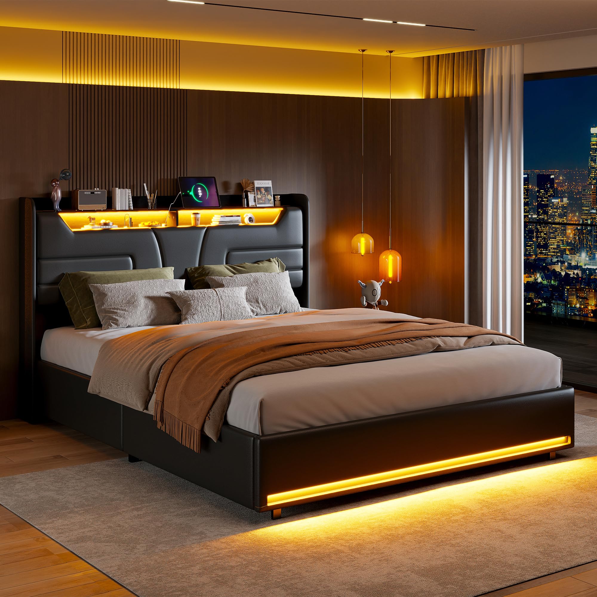 Letto Matrimoniale 160x200 cm Imbottito con Contenitore, Sistema di Sollevamento a Gas, Tessuto in PU Nero, LED, Ricarica USB, Senza Materasso (Nero-C, 160x200cm)