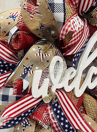 Miniatura 7 de 24" Round Patriotic Mesh Front Door Wreath with Welcome Sign Insert Option, Heavy Wire Base, Lots of Ribbon