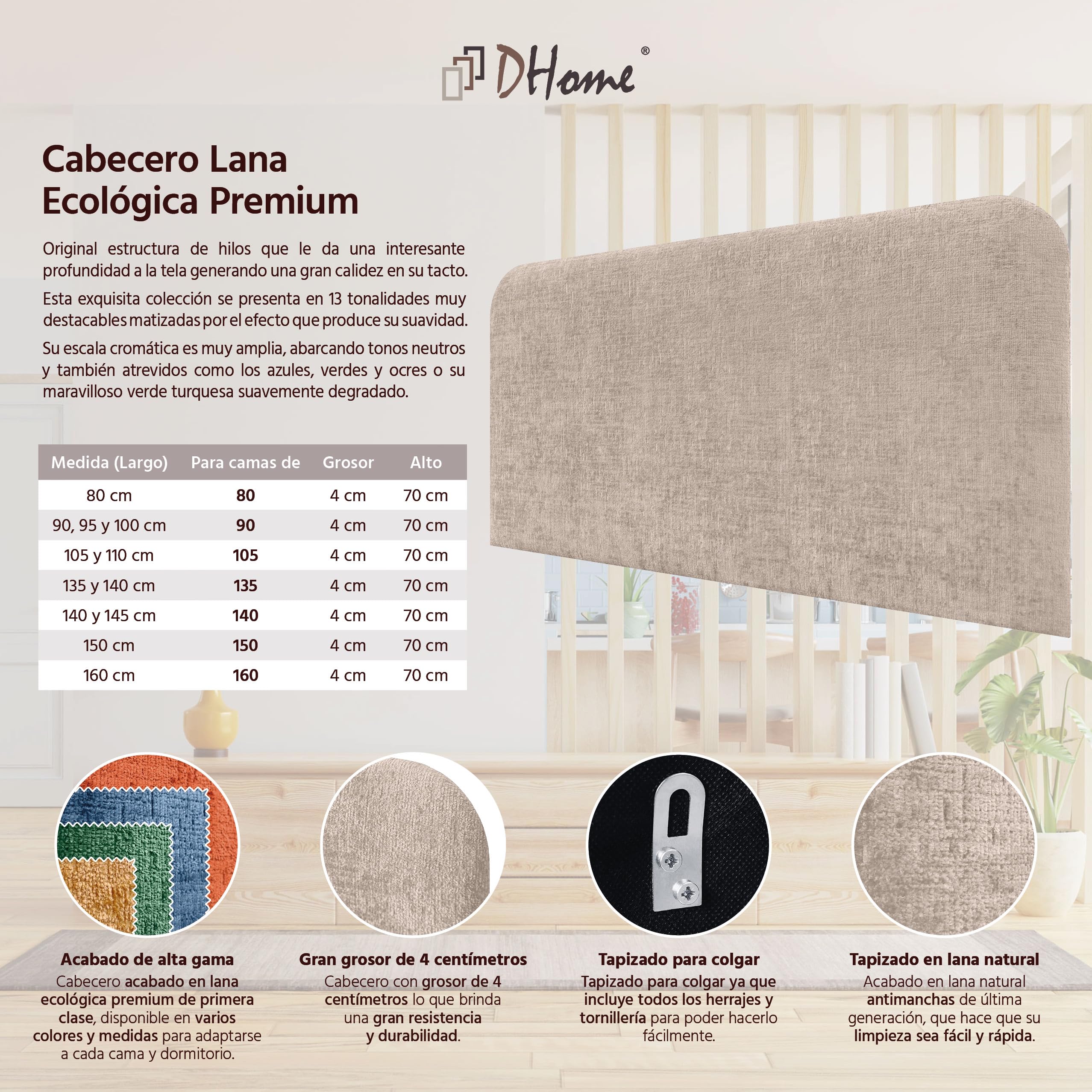 DHOME Cabecero Tapizado Liso Curvo Lana Ecológica Premium 70cm Altura para Pared Acústicos Cabeceros Absorbentes Cabezal Cama Dormitorio (Beige, 135cm)