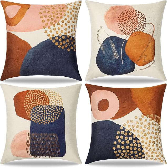 Dremisland Throw Pillow Covers 18x18 Set of 4 Mid Century Modern Decorative Pillowcases Navy Blue Burnt Orange Cushion Covers for Couch Sofa Bedroom Abstract Geometric Home Decor