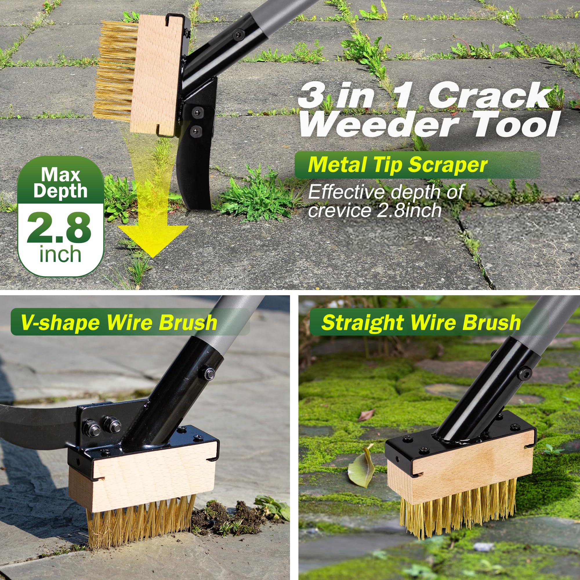 Walensee Brosse 3 en 1 pour désherbeur et mousse avec poignée réglable de 167,5 cm, brosse métallique avec 2 têtes remplaçables et grattoir pour terrasse, patio, allée, suceur plat