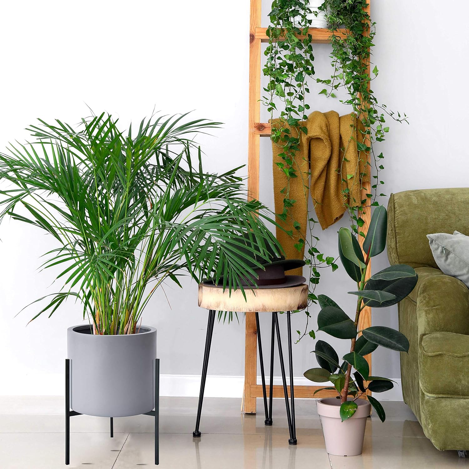 Modern Grey Plants Pot Cylinder Planter with Heavy Duty Stand, Medium 10 Inch Pot, 16.3 Inch with Stand Height, 96-T-3-M : Kitchen & Dining