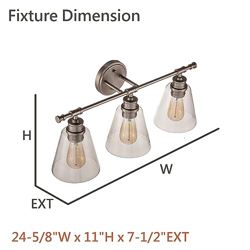 Image of Aspen Creative 62340-09-3, Three-Light Metal Bathroom Vanity Wall Light Fixture, 23-3 /4 inch Wide, Transitional Design in Brushed Nickel