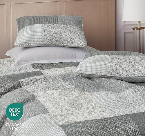 Miniatura 6 de Chezmoi Collection Melody - Juego de edredón de 3 piezas con diseño de retazos, color gris, blanco, negro, floral, a cuadros, a rayas, reversible,