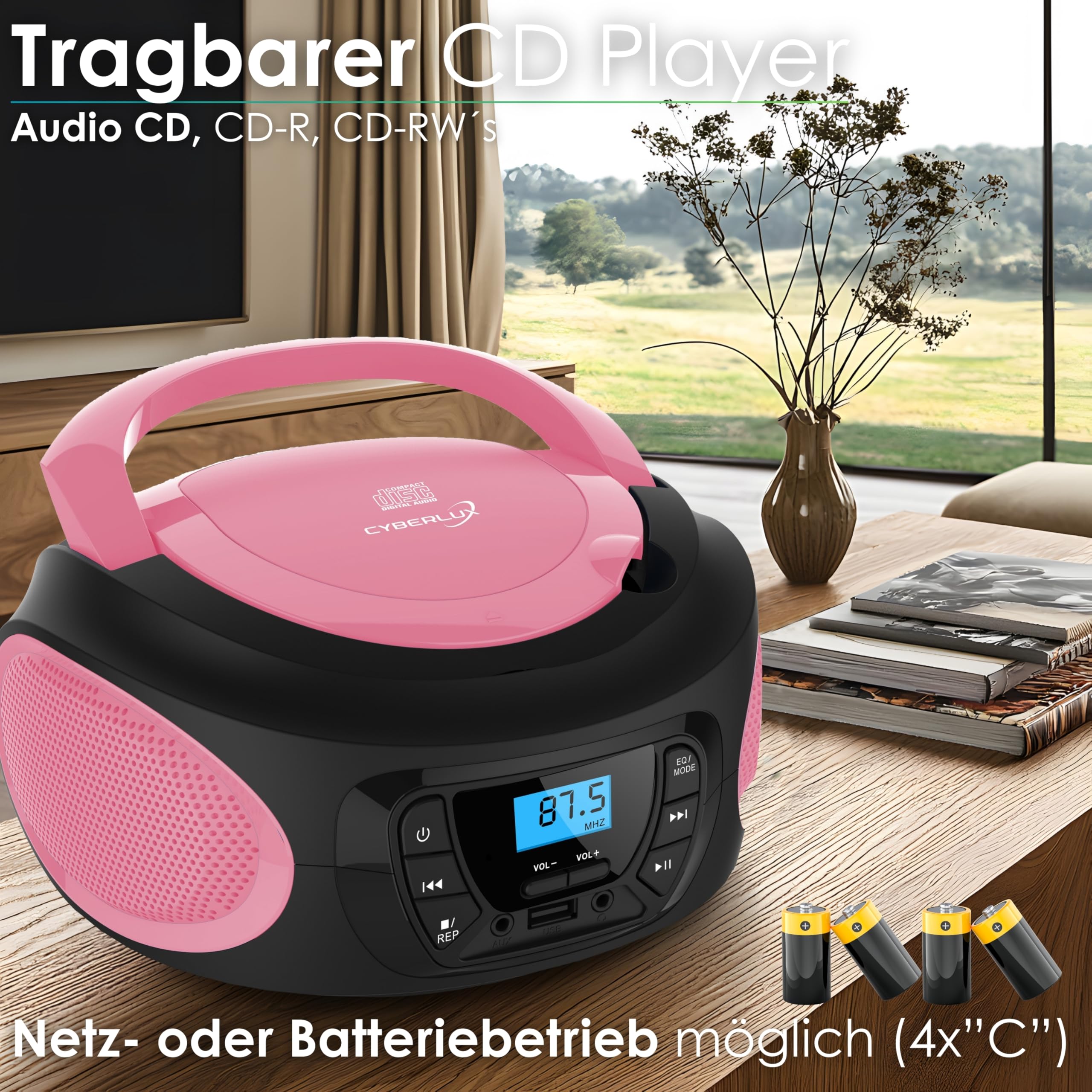 Boombox Portatile Con Lettore CD, USB, Radio FM E AUX - Nero, Alimentazione A Batteria O Rete - Foto 2