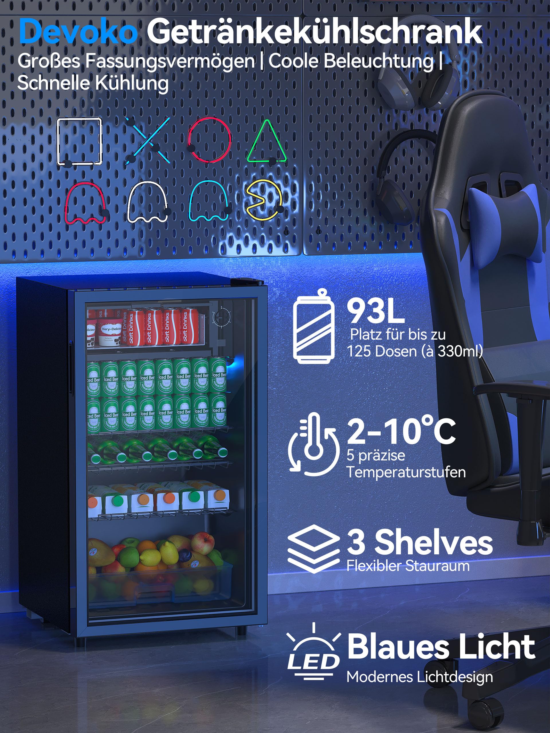 Devoko Getränkekühlschrank 93L Minikühlschrank mit Glast RGB LED Lichtern verstellbare Einlegeböden Minibar Schwarz