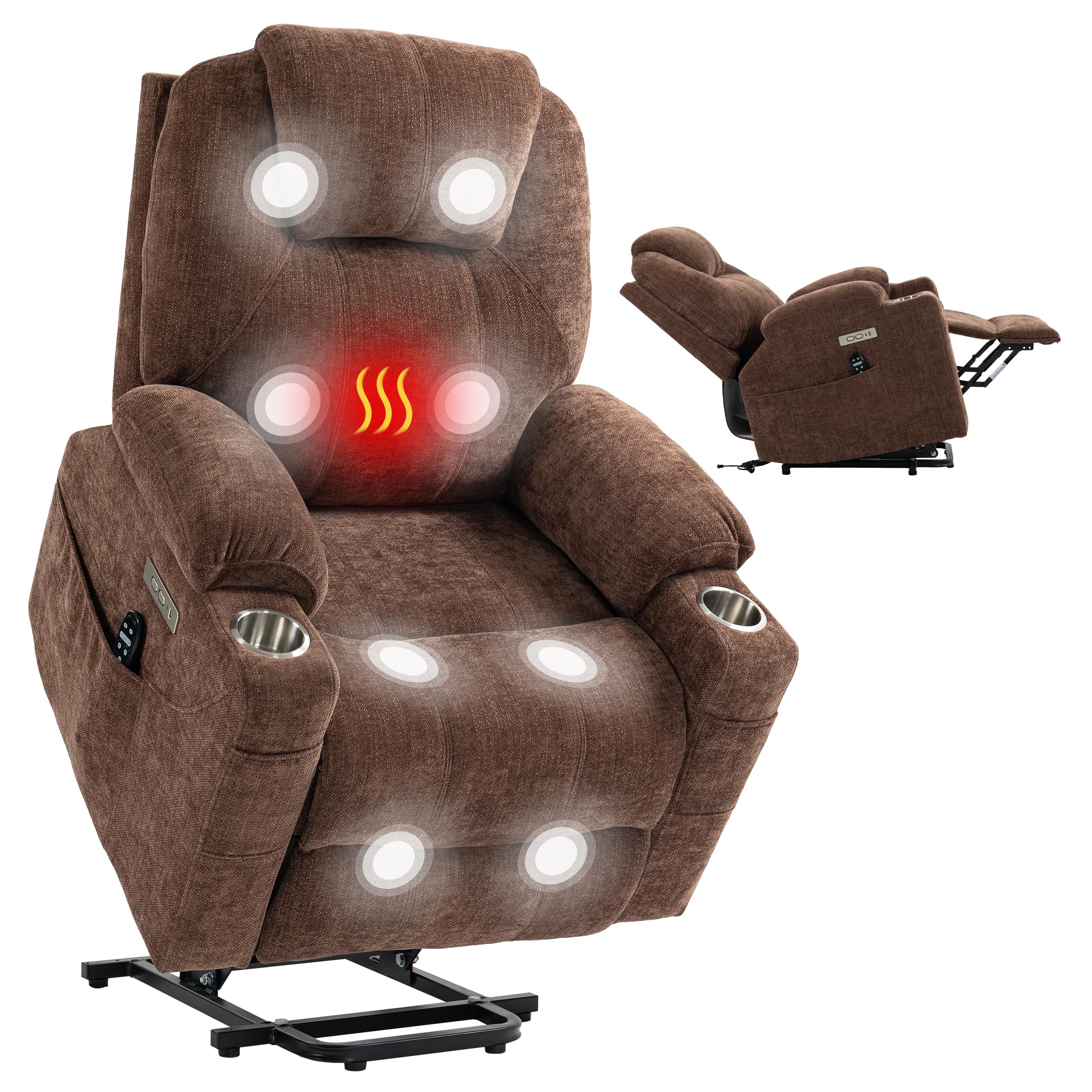 Power Lift Recliner Chair for Elderly, Electric Lift Recliner Single Sofa with Vibration Massage and Lumbar Heating, Reclining Chair with Charging Ports, Chenille Fabric Brown