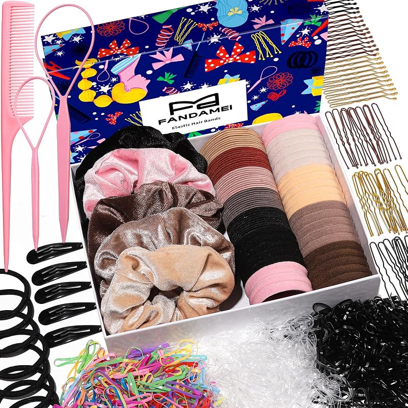 FANDAMEI Hair Ties Kit for Women, Velvet Scrunchies, Elastic Rubber Bands, Seamless Hair Ties, Hair Clips, Bobby Pins, U Shaped Hair Pins for Styling, Hair Accessories Kit