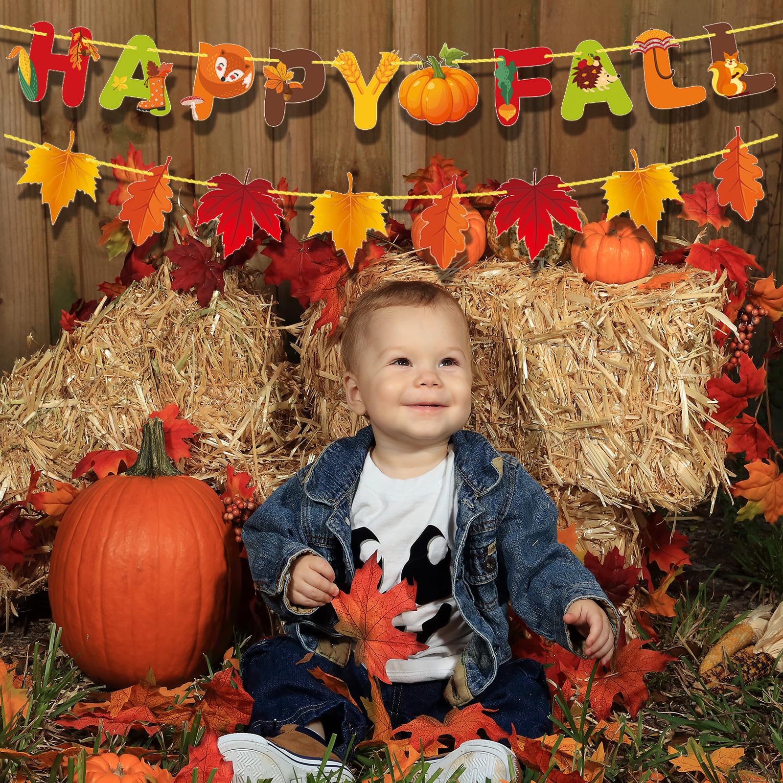 QIAMNI Happy Fall Y’all Banner – Großes Herbst-Deko-Banner Für Draußen & Drinnen Mit Truthahn, Kürbis & Ahornblättern