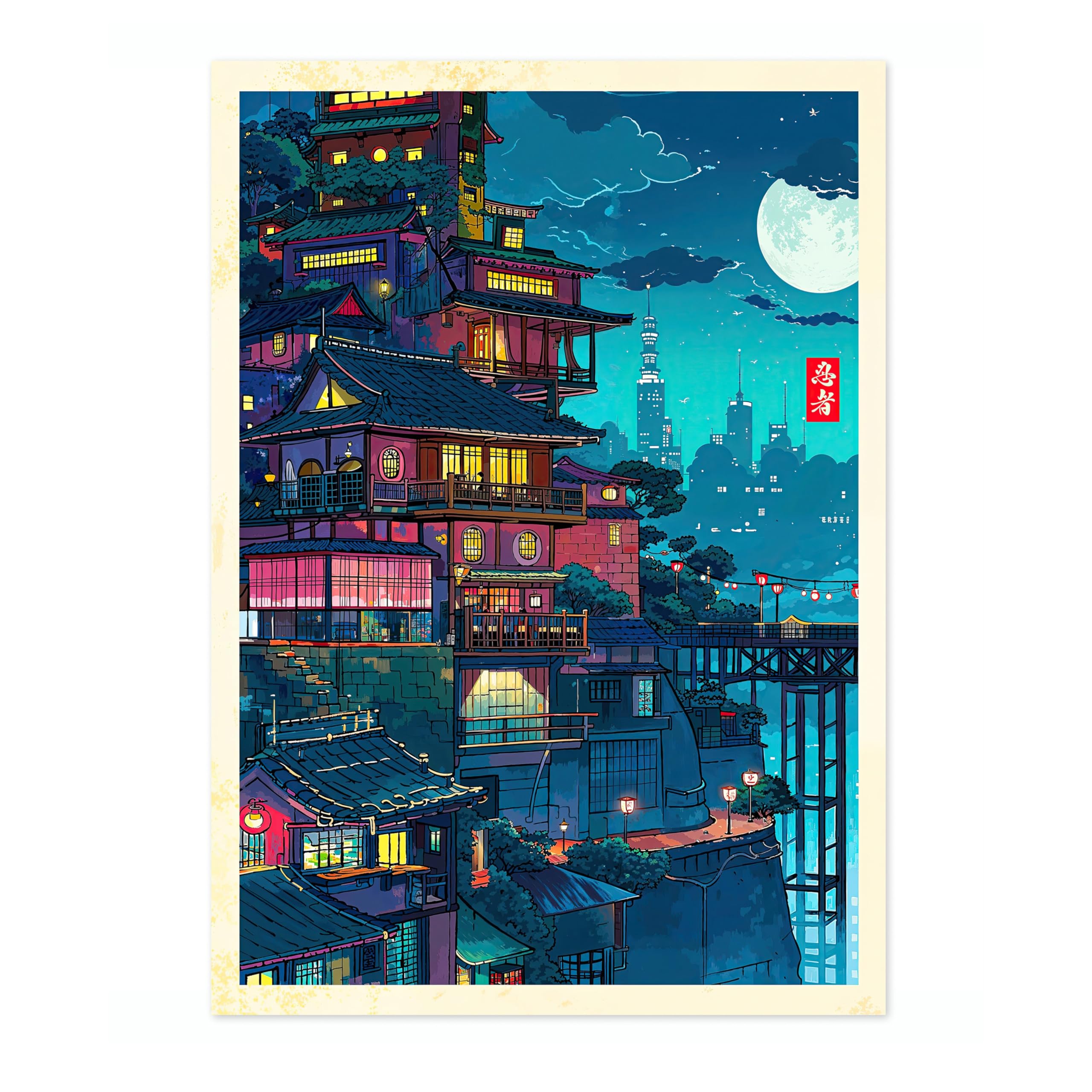 Anime City 2 Anime Woodblock Poster Modern Ukiyo-E, Japanese Cartoon Illustration Print, Archival Matte, A4 (Print Only) - 29.7x21cm