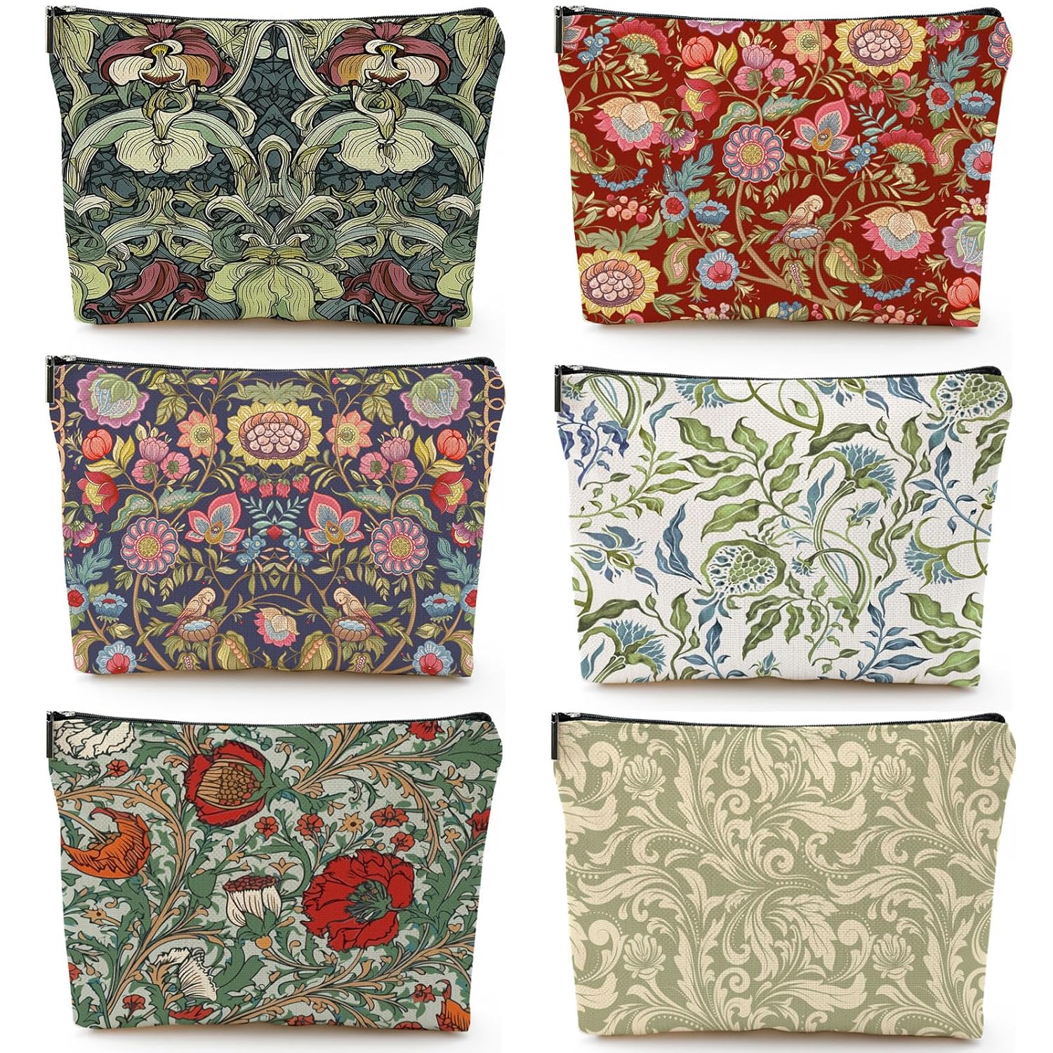 CHENGU 6 Pcs Vintage Makeup Bag Gifts Botanical Classic Floral Canvas Cosmetic Bags Portable Aesthetics Floral Toiletry Bags Birthday graduation Gifts for Women Girls Mom Friends