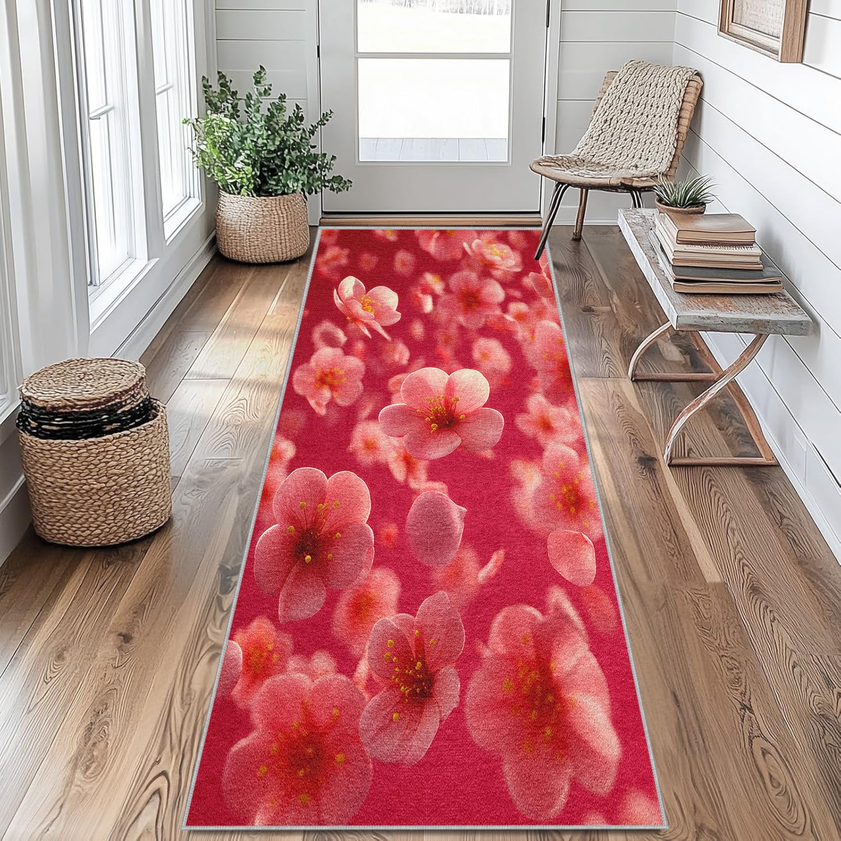 Fleurs de Cerisier Tapis de Couloir Floral Fleurs Tapis de Couloir Long 60 x 120 cm Passage Antidérapant Lavable en Machine D'entrée Chambre Salon Descente de Lit Poil Ras Rug