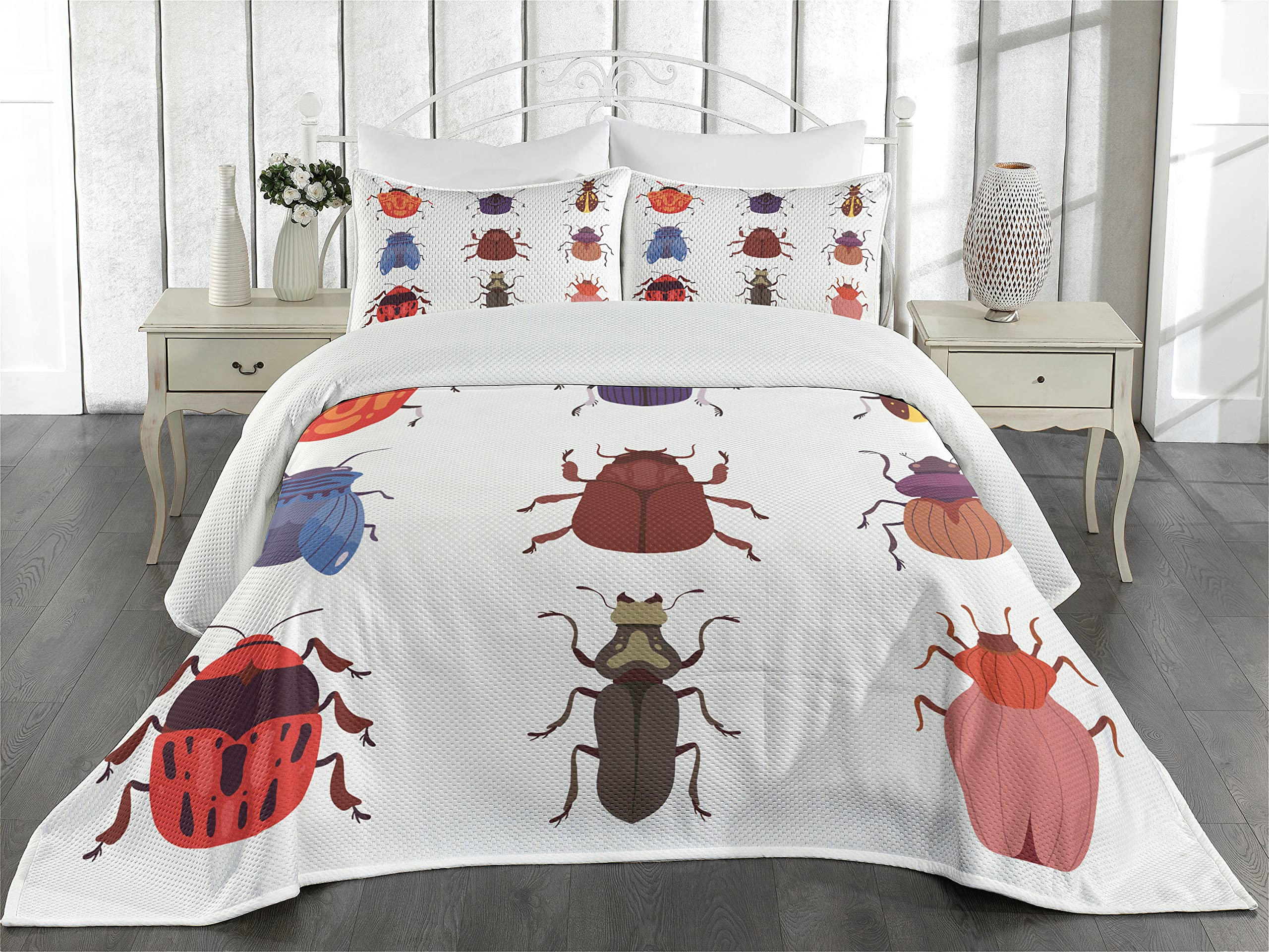 Ambesonne Insects Coverlet, Bug Fauna Illustration Various Creeping Species in Colorful Cartoon Style Graphic, 3 Piece Decorative Quilted Bedspread Set with 2 Pillow Shams, King Size, White Cream