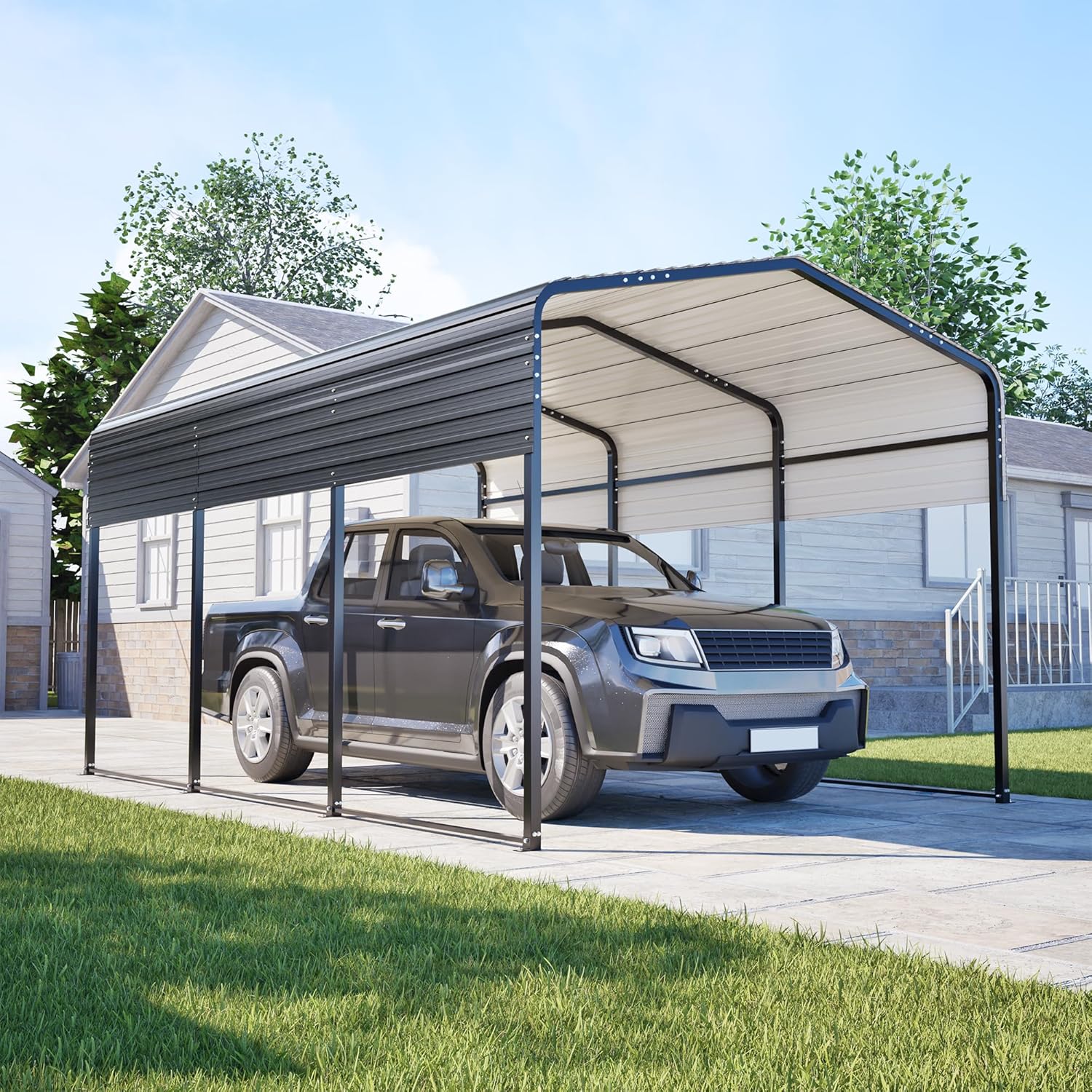 (3 boxes) 10 ×15 FT Heavy Duty Metal Carports with Galvanized Steel Roof, Sturdy Heavy Duty Metal Carport for Cars, Boats, and Tractors 10×15FT