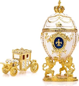 Russian Style Decorative Easter Egg 6.6" Extra Large White2 | Decorative Easter Egg & Carriage Trinket Box Set, Hand Painted Jewelry Organizer, Vintage Russian Style Home Decor Gift