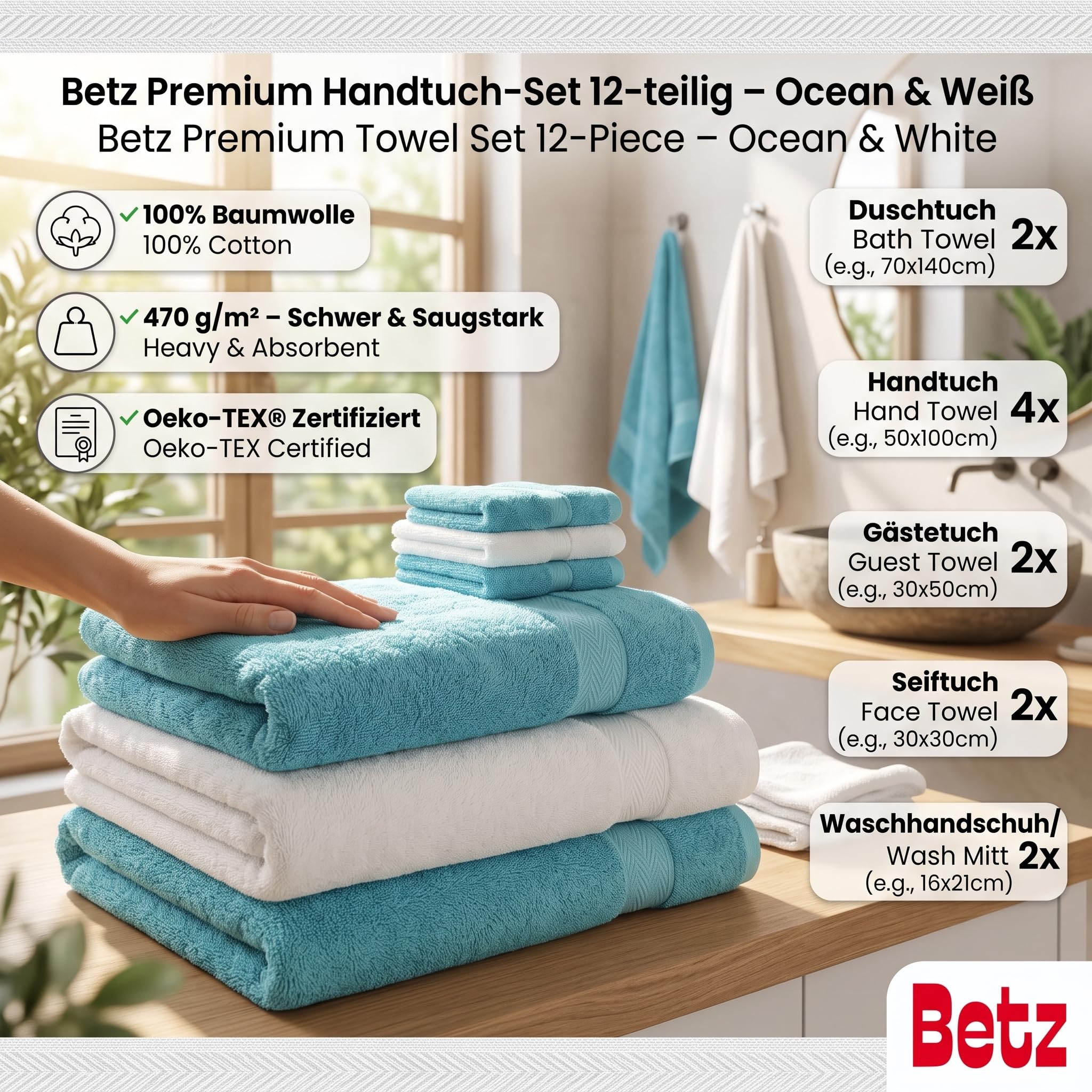 Betz 12-częściowy zestaw ręczników premium 100% bawełna 2 ręczniki kąpielowe 4 ręczniki do rąk 2 ręczniki dla gości 2 ręczniki do rąk 2 rękawice do mycia kolor biały/ocean
