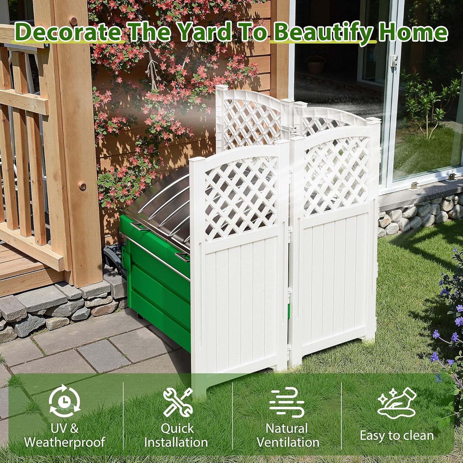 Devoko Outdoor Privacy Fence, 4 Fence Panels Privacy Screen Panels for Outside and Yard, Resin Air Conditioner Lattice Fence for Trash Can (Off-White)