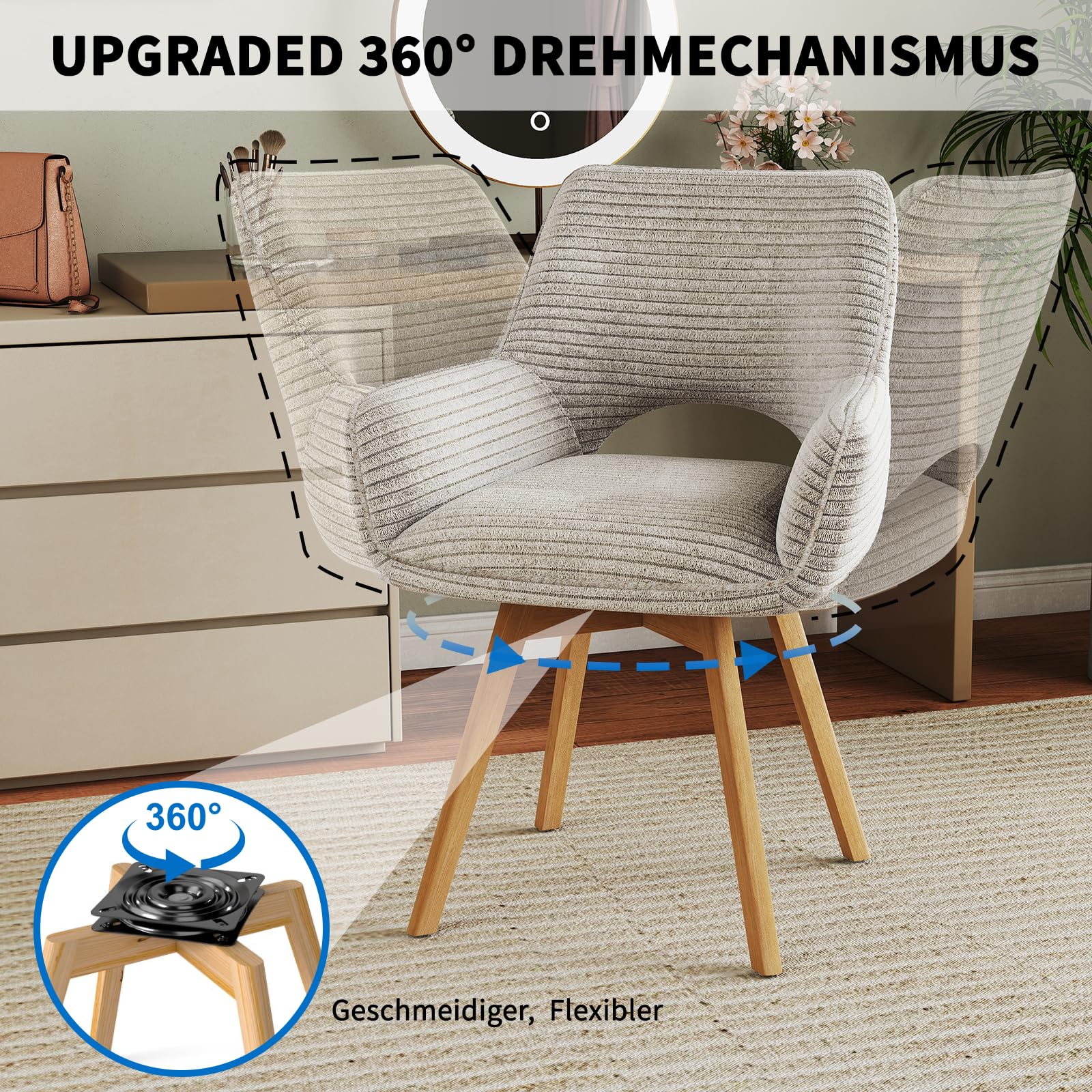 JIJIAN 6er Set 360° Drehbare Esszimmerstühle mit Armlehnen, Taupe | Drehbar Stühle Esszimmer mit Holzbeinen, Moderner Küchenstuhl aus Cord, Polsterstuhl für Esszimmer, Küche, Wohnzimmer