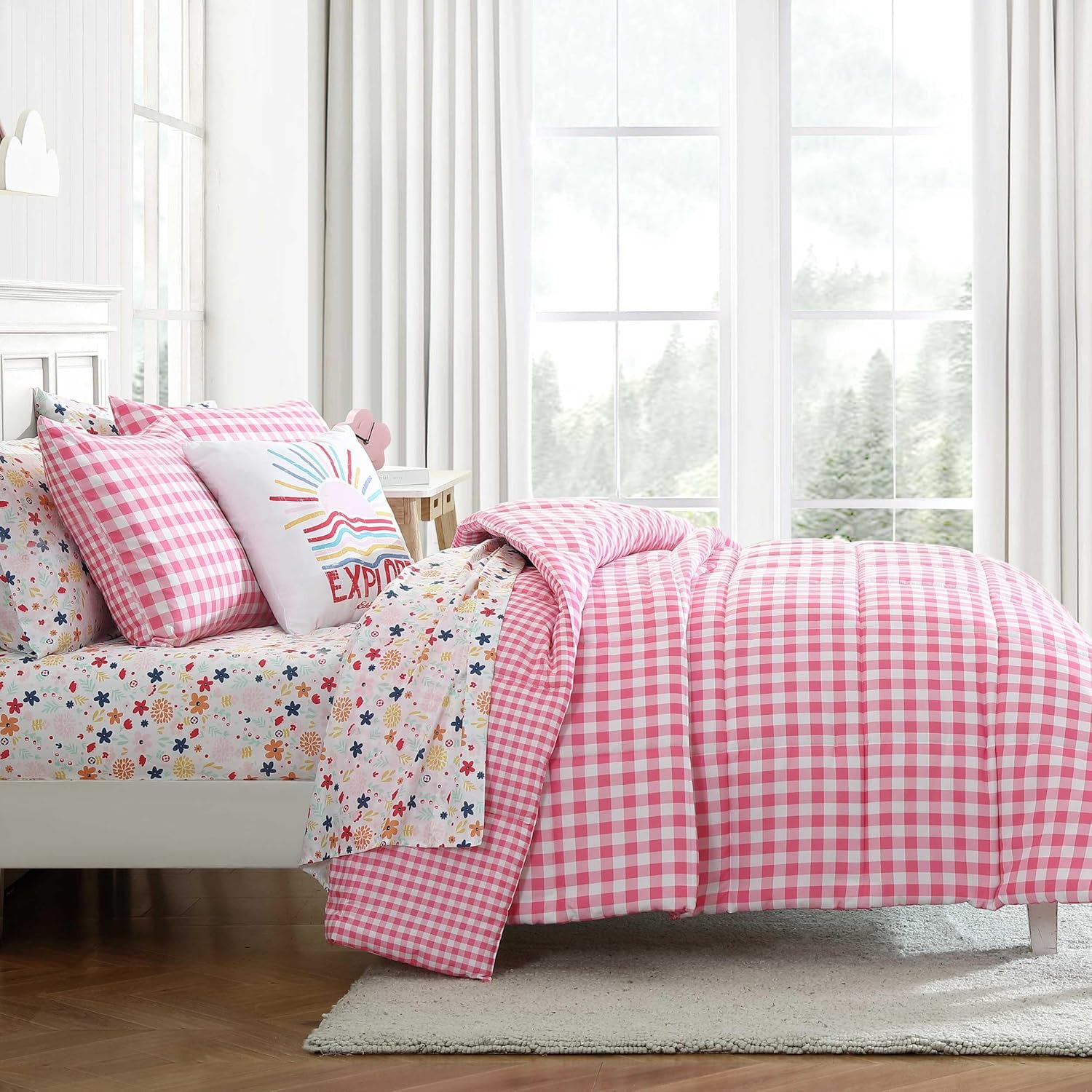 Eddie Bauer Kids - Kids Comforter Set, Super Soft Reversible Toddler Bedding with Matching Sham & Bonus Decorative Pillow, Ideal Girl Room Essentials (Preston Check Pink, Twin)