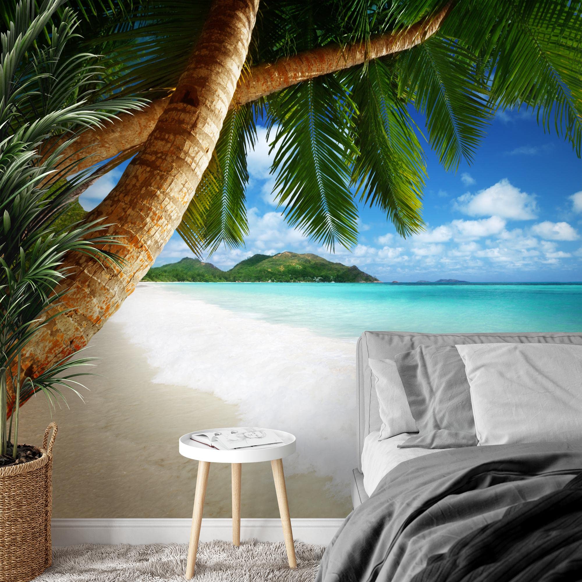 Runa Art Carta da parati fotografica 396 x 280 cm Spiaggia e mare palma | Vello Decorazione Murale Soggiorno Camera Da Letto | Manifattura tedesca | Verde blu 9004012b