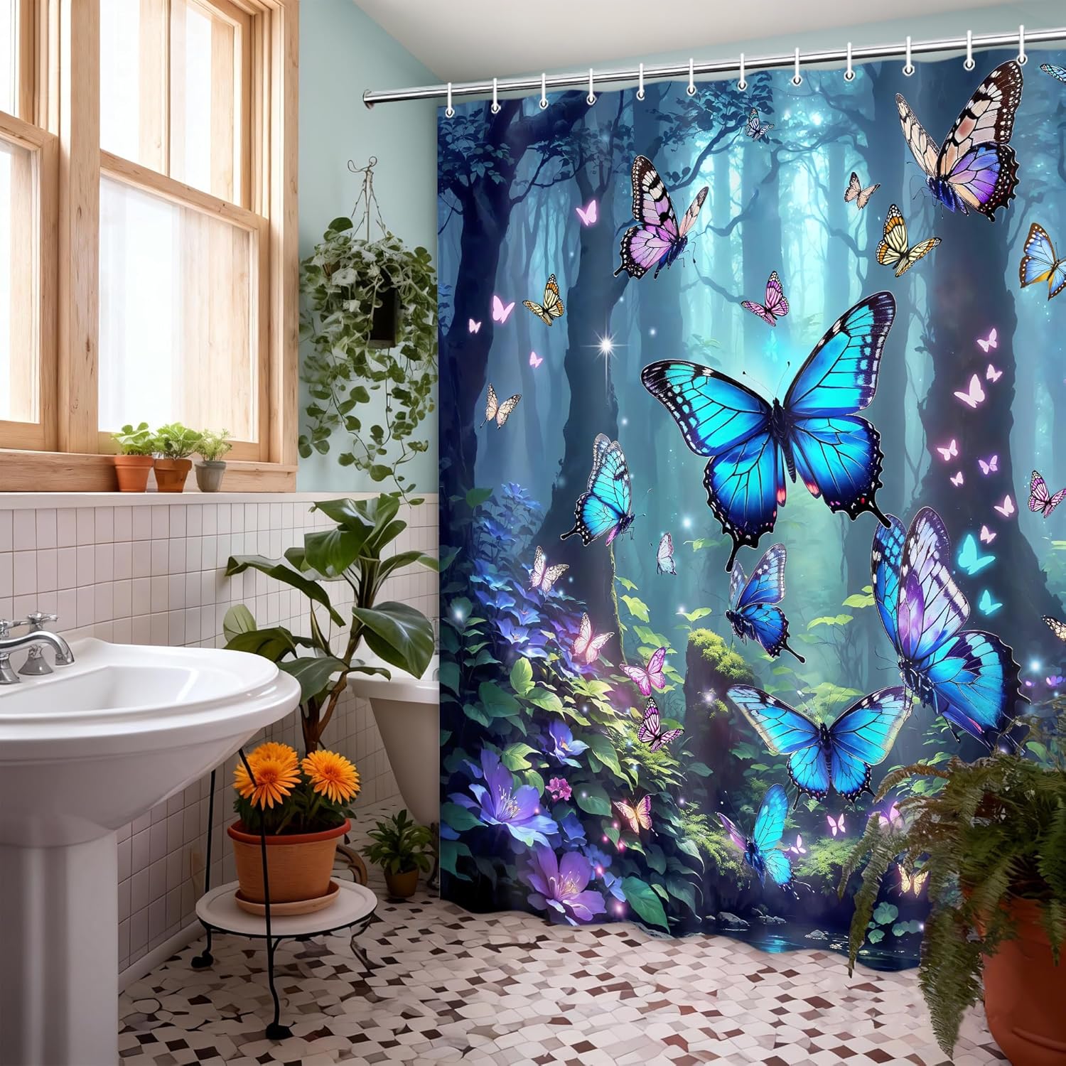 Blue Cute Colorful Butterfly Shower Curtain Enchanted Forest Blue Shower Curtains for Bathroom Fairy Tale Forest Waterproof Fabric Shower Curtain Set Bathtub Decor with 12 Hooks 72 x 72 in
