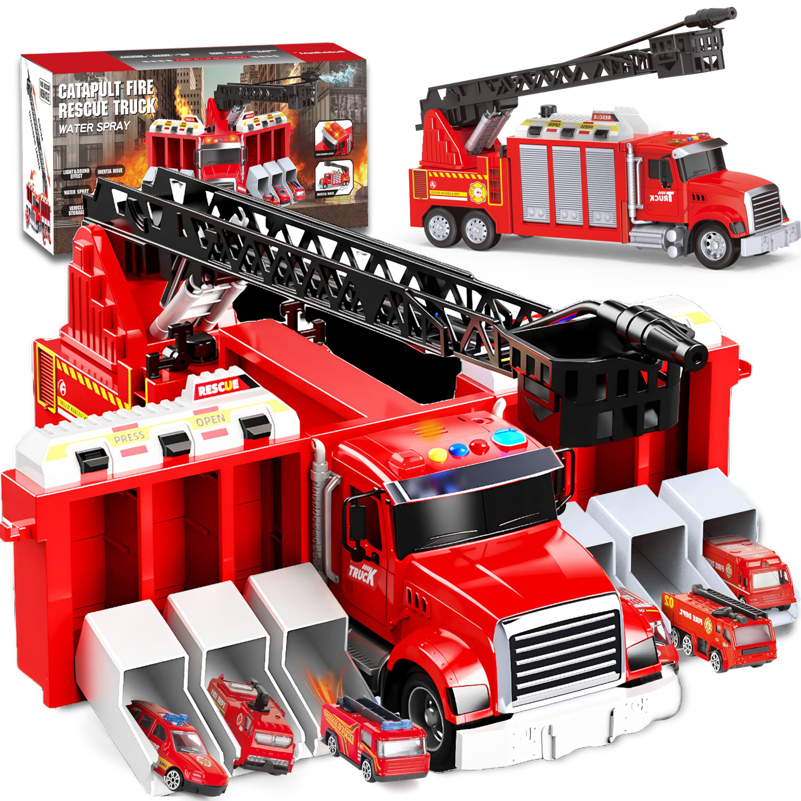 6in1 Large Water Fire Truck Toy w/6 Race Cars