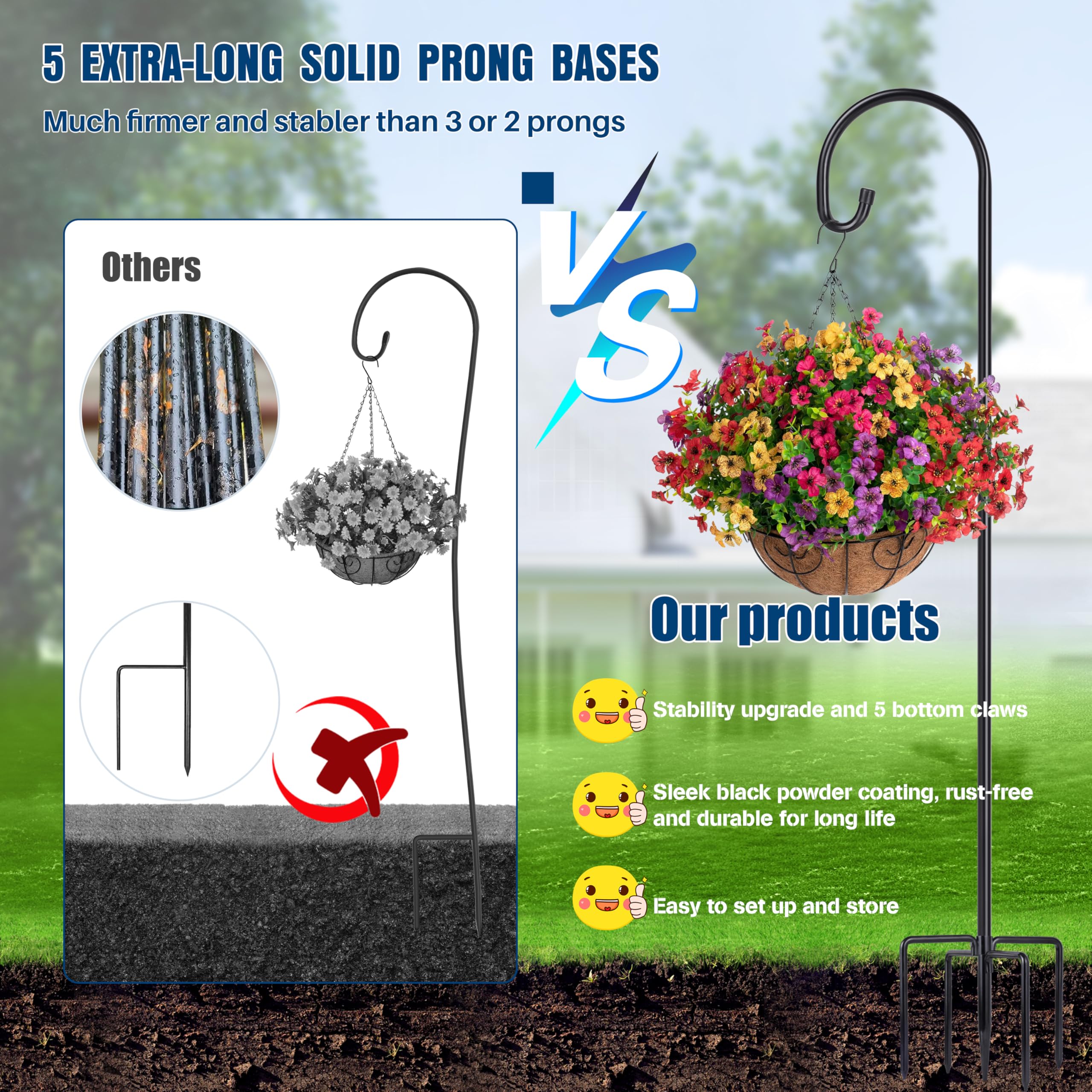 Heavy Duty Shepherd's Hooks - Set Of 1/2 Extendable Garden Planter Stakes Bird Feeders Outdoor Decor Plants Lights Lanterns Flower Baskets More