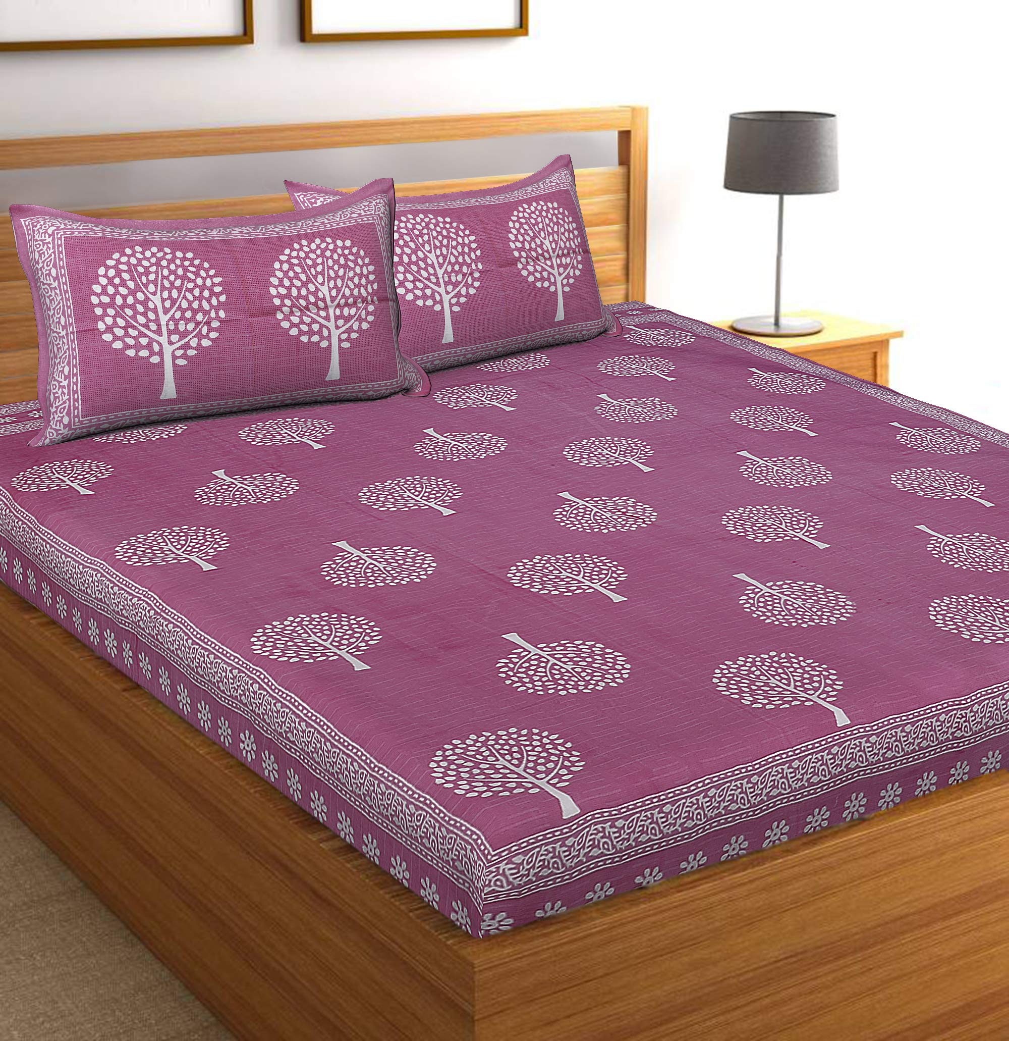 BedZone 144 TC 100% Cotton Double Bedsheet with 2 Pillow Covers, Pink