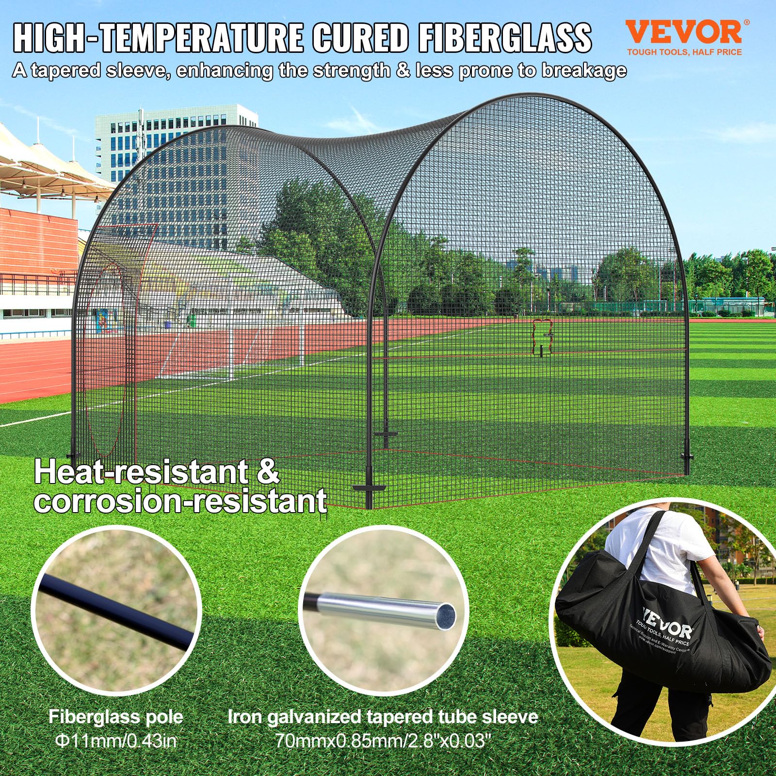 VEVOR Cage de Frappeur 3,6x3,6x3 m Filet d'Entraînement Baseball Softball Poteaux Fibre de Verre Portable