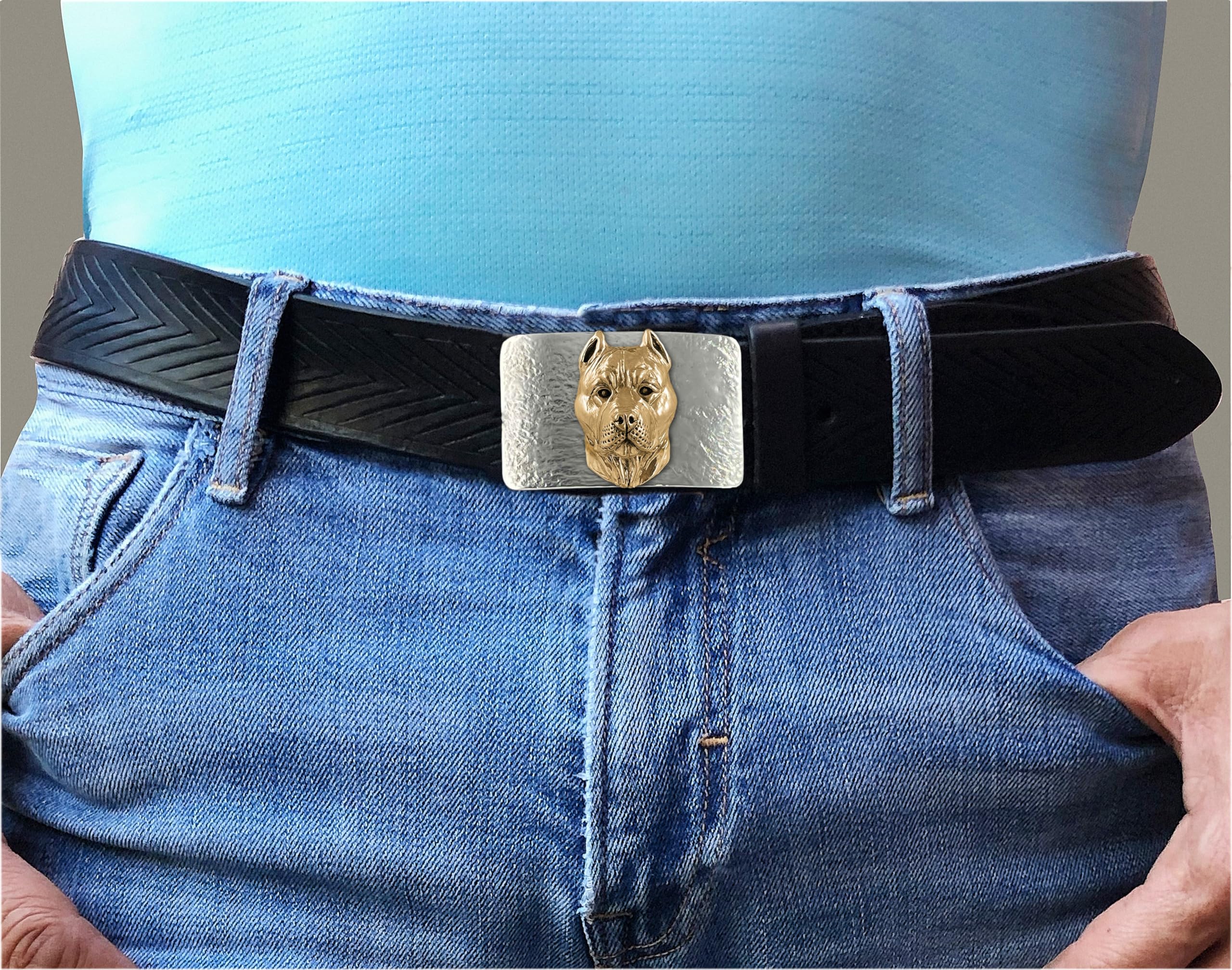 Pit Bull Belt Buckle Sterling Silver And Yellow Bronze Handmade Pit Bull Jewelry PTB6-BKBZ