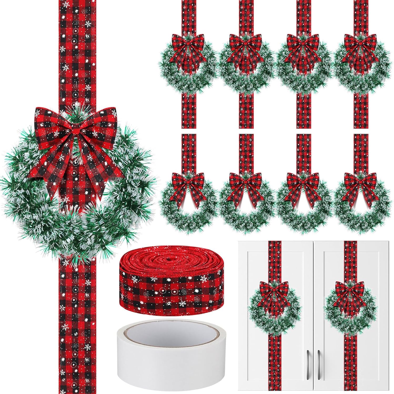 10 Pcs 8" Small Christmas Wreaths for Kitchen Cabinet and 1 Roll Ribbon 2.5" x 30 Yards, Mini Christmas Wreaths for Indoor DIY Crafts Window Front Door Farmhouse(Plaid,Linen)