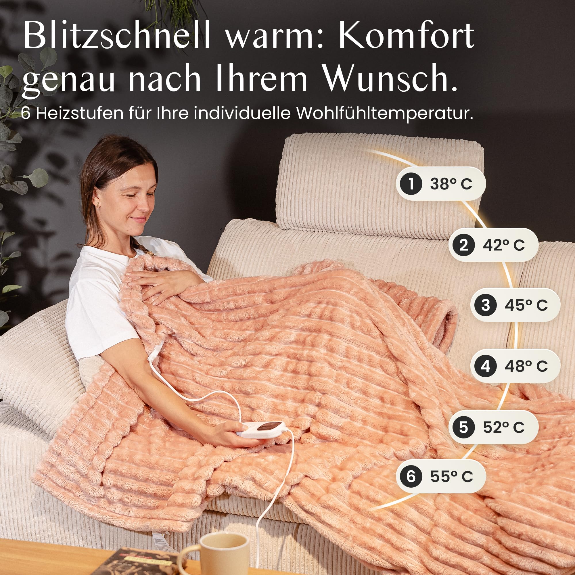 BARBERIO elektrische Heizdecke Wärmedecke staubrosa mit 6 Heizstufen, Timer, Abschaltautomatik, Überhitzungsschutz, LCD, strahlungsfrei, Anti-Milben, flauschig & maschinenwaschbar (150 x 200cm)