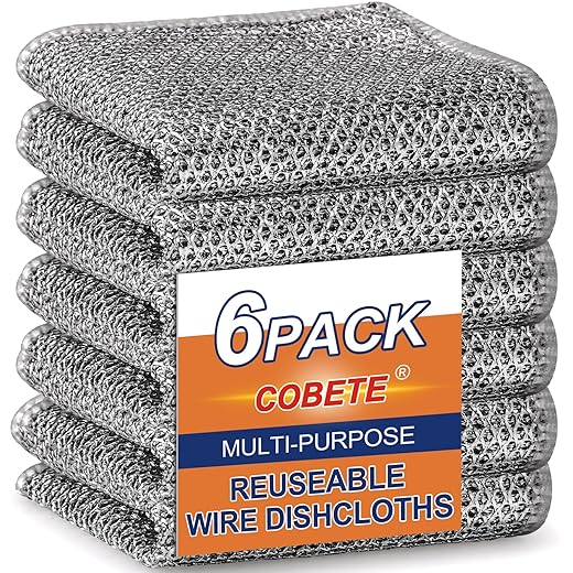 COBETE Non Scratch Wire Dishcloth,Double-Layer Wire Dishwashing Rags for Wet and Dry,Wire Miracle Cleaning Towels and Dish Cloths Multipurpose for Washing Dishes,Cookware, Sinks,Stove Tops,Pack of 6