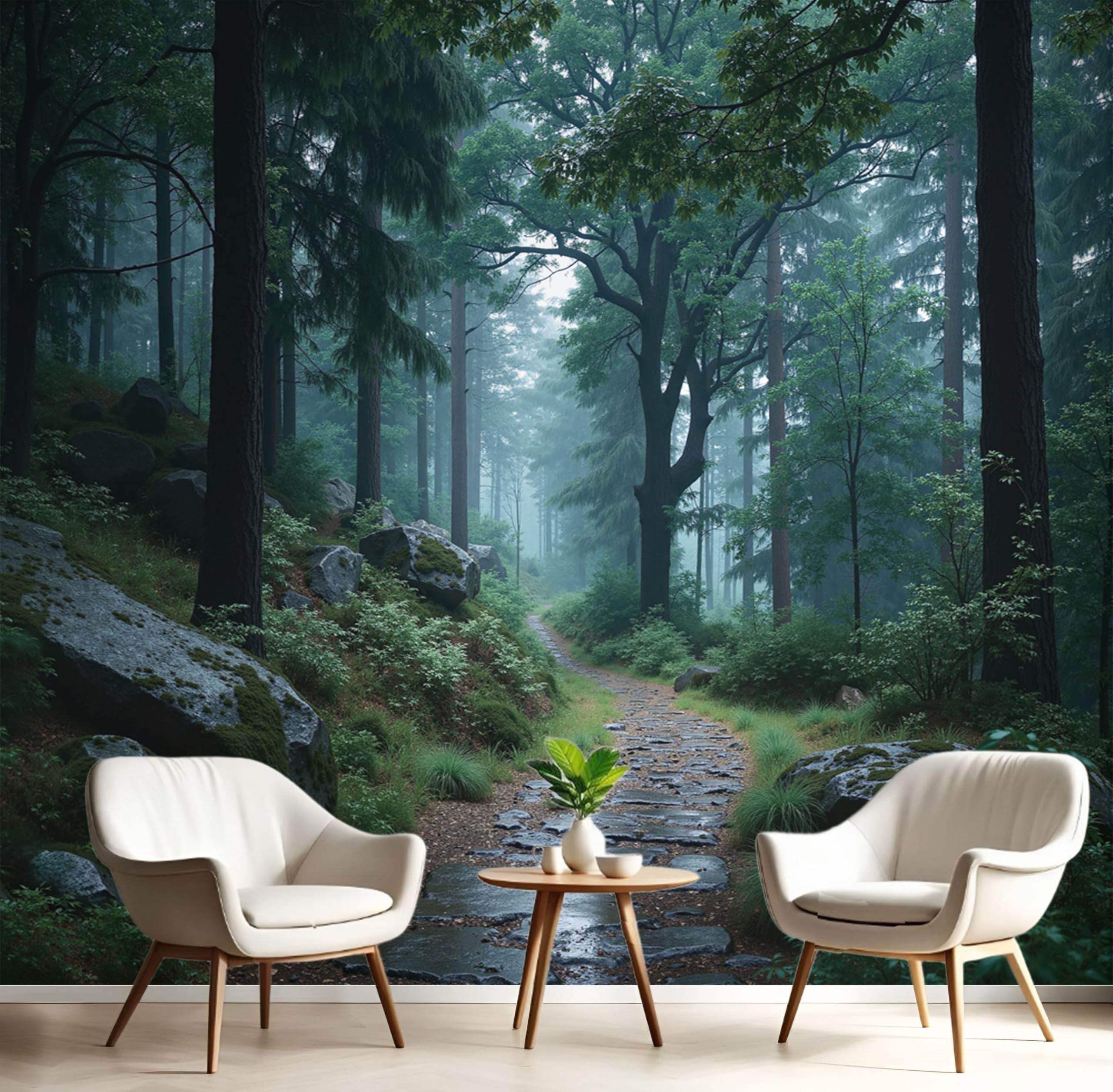 Papier peint panoramique forêt pour agrandir un salon sombre et masquer les défauts d'un mur