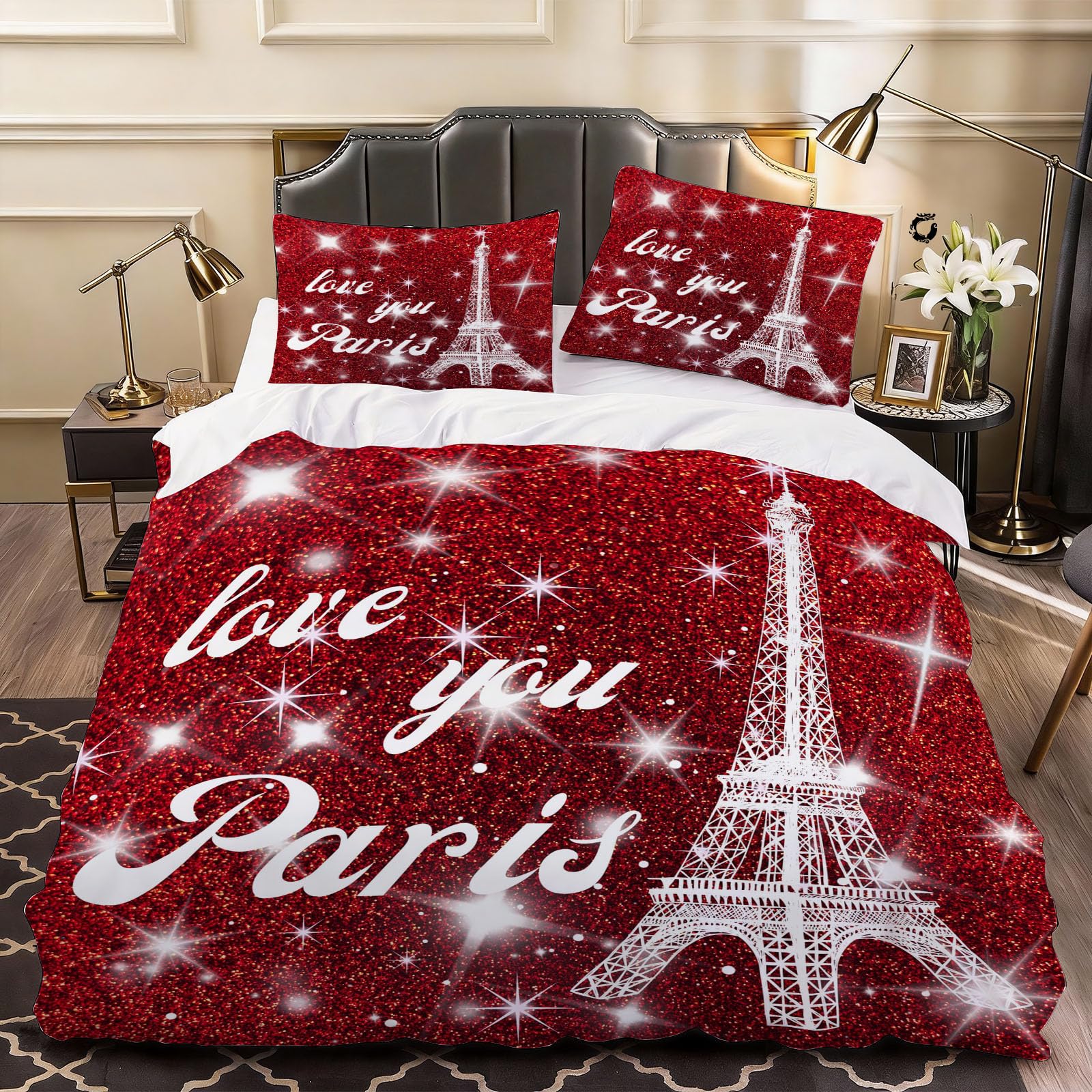3D Eiffel Tower Duvet Cover Artist Bedding Single Bed Set, Soft Microfiber Comforter Cover Printed with Zipper Closure Quilt Coverr 135x200 cm and 2 Pillowcases
