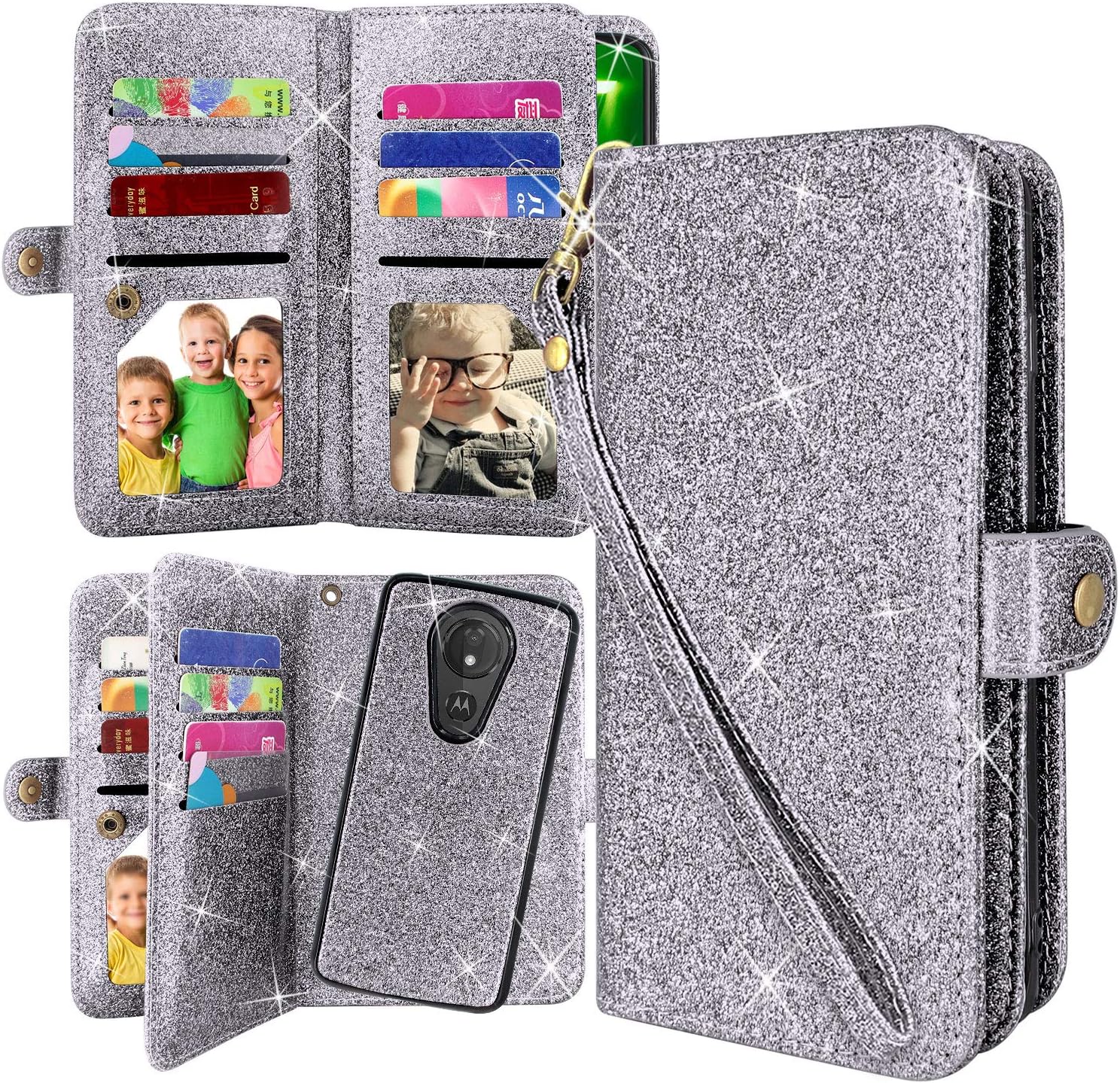 Harryshell Detachable Magnetic 12 Card Slots Wallet Case PU Leather Flip Protective Cover Wrist Strap for Motorola Moto G7 Supra / G7 Optimo Maxx/Moto G7 Power (Bling Grey)
