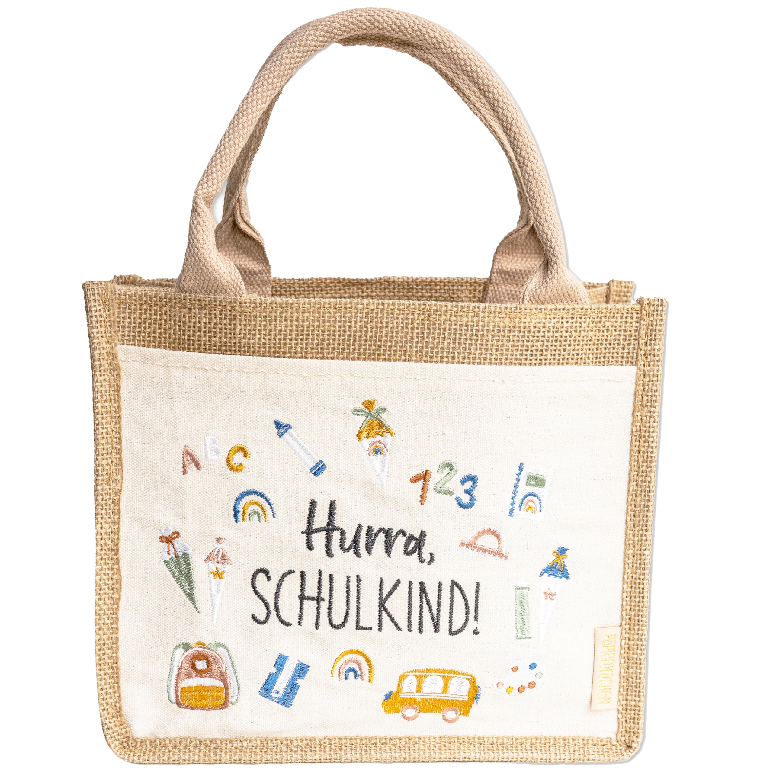 Papierdrachen Jute Bag "Hurra, Schulkind!" - First Day of School Gift - 25 x 15 cm + 13 cm Handle - Embroidered with Side Pocket - Set 1