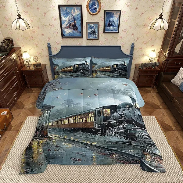 Erosebridal Boys Steam Train Queen Comforter Set,Train Station Railroad Bedding Set for Kids Adults,Transportation Vehicle Bedding Comforter Sets Vintage Trains Quilt Bed Set 3Pcs Bedroom Decor