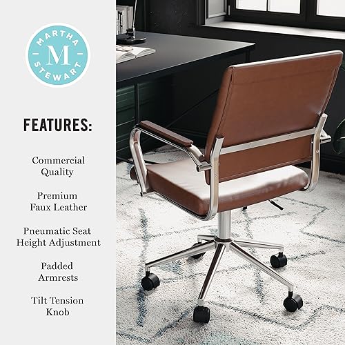 Miniatura 10 de Martha Stewart Piper - Silla giratoria con reposabrazos para oficina en casa en piel sintética marrón con marco de níquel pulido