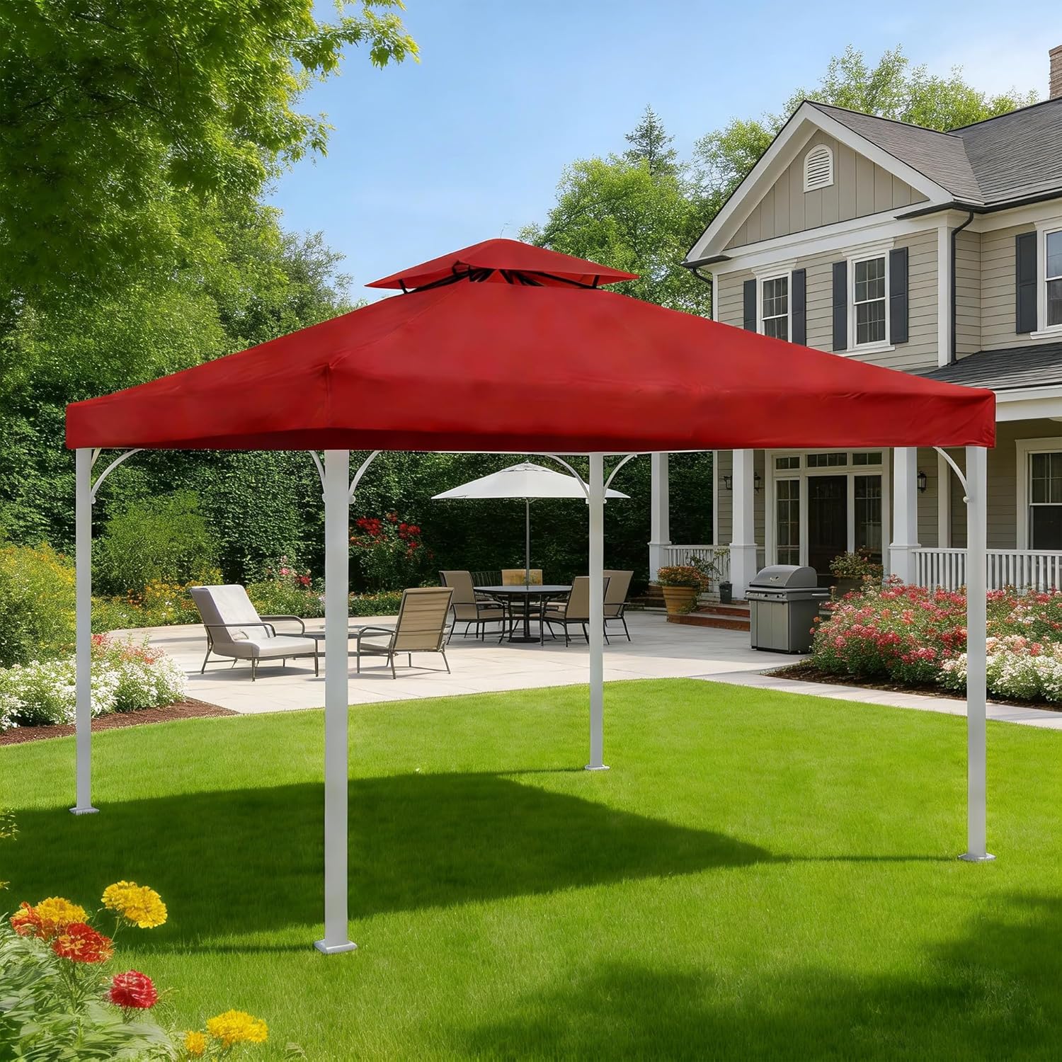 10x10 Gazebo Canopy Replacement Top, Grill Gazebo 118x118 Inch 2 Tier with Wave Edge Water Resistant Polyester Red