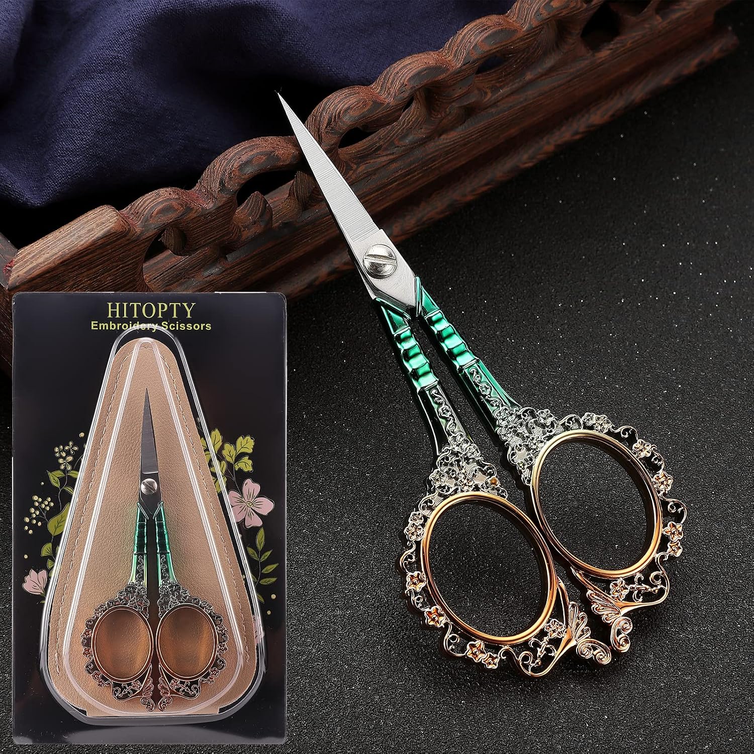 Sewing Scissors Sharp Embroidery Scissors with Sheath, Craft Scissor for Needlework Artwork Threading Cross Stitch Handicraft DIY Tool, 4.5in Gold Green Shears